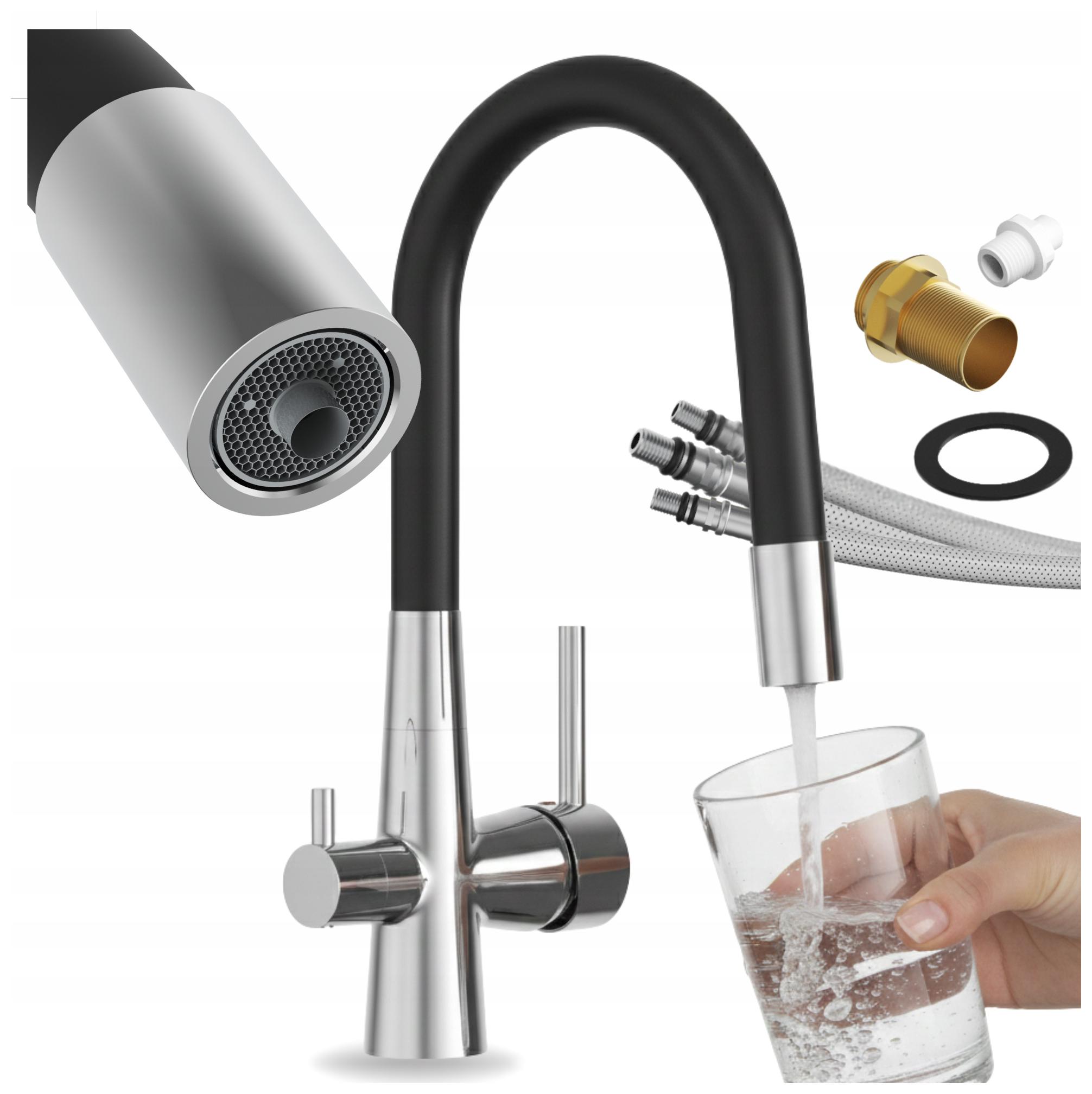 Kuchyňská Baterie Třícestná kohoutková flexibilní pro vodní filtr 3v1 Fluo chrom