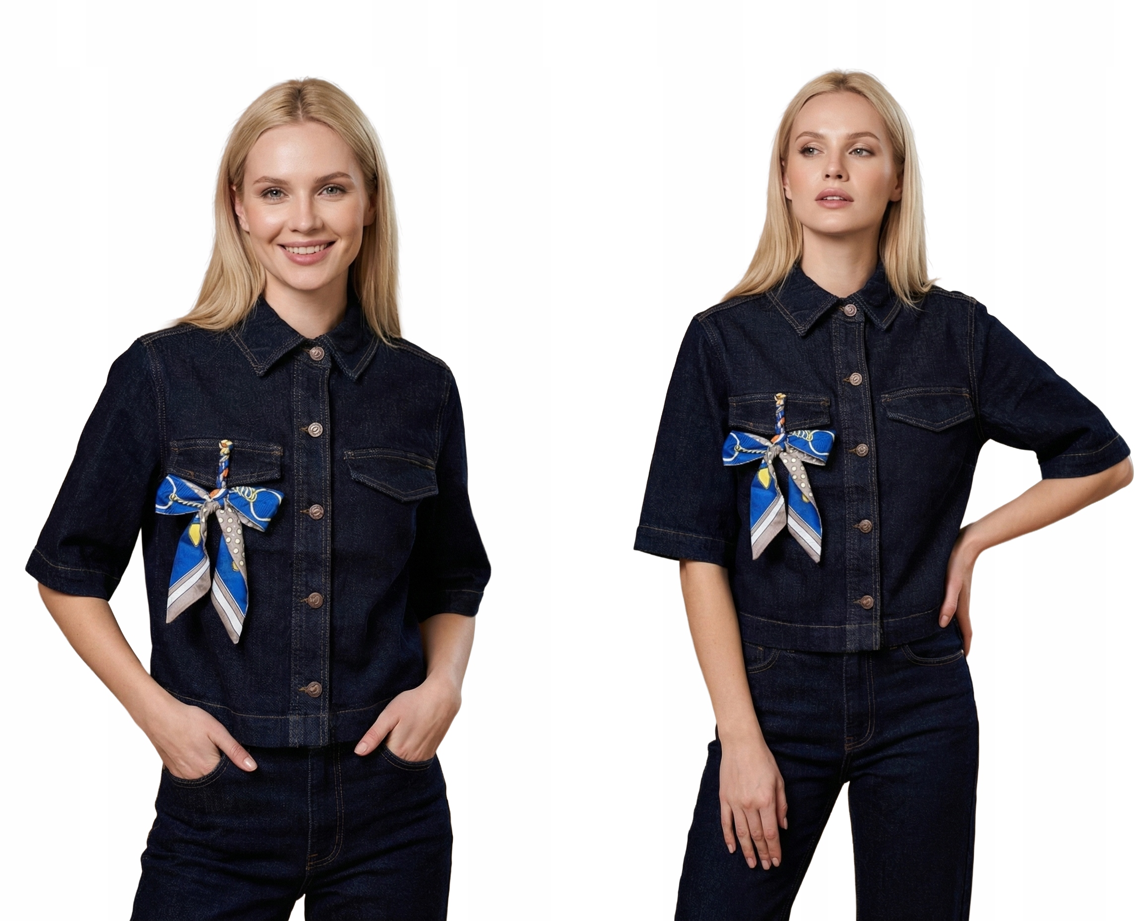 Dámská Džínová Košile Elegantní Stylová Krátký Rukáv Denim Modrá XL