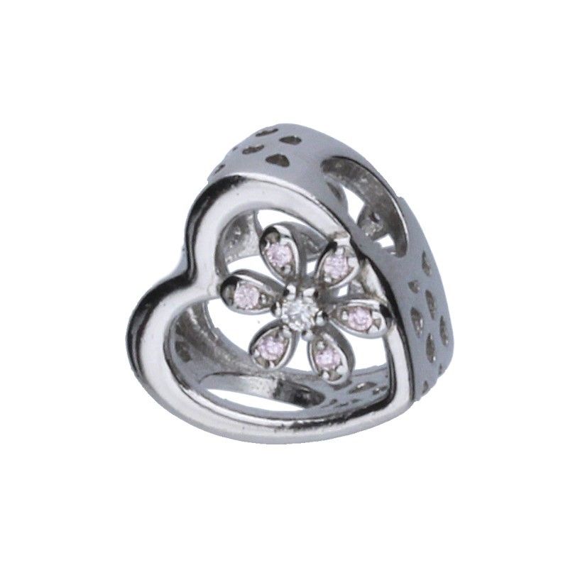 Stříbrný přívěsek bead 925 srdíčko s kytičkou a růžovými zirkony