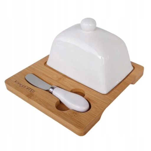 MASELNICZKA PORCELANOWA Z NOŻYKIEM ORAZ DREWNIANĄ Kształt prostokątny