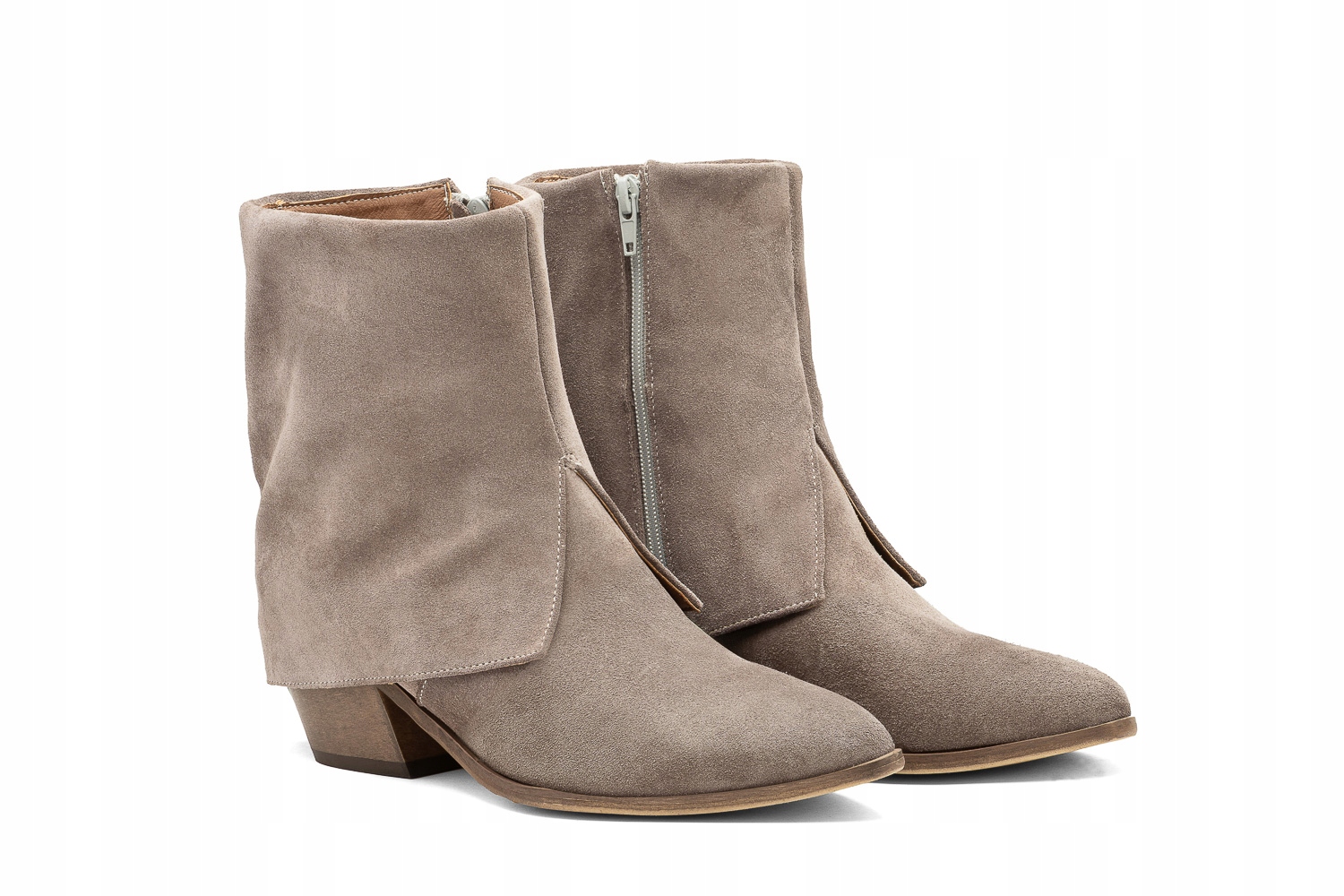 Semišové kotníkové boty s ohrnovací koženou horní částí, taupe barva, velikost 37