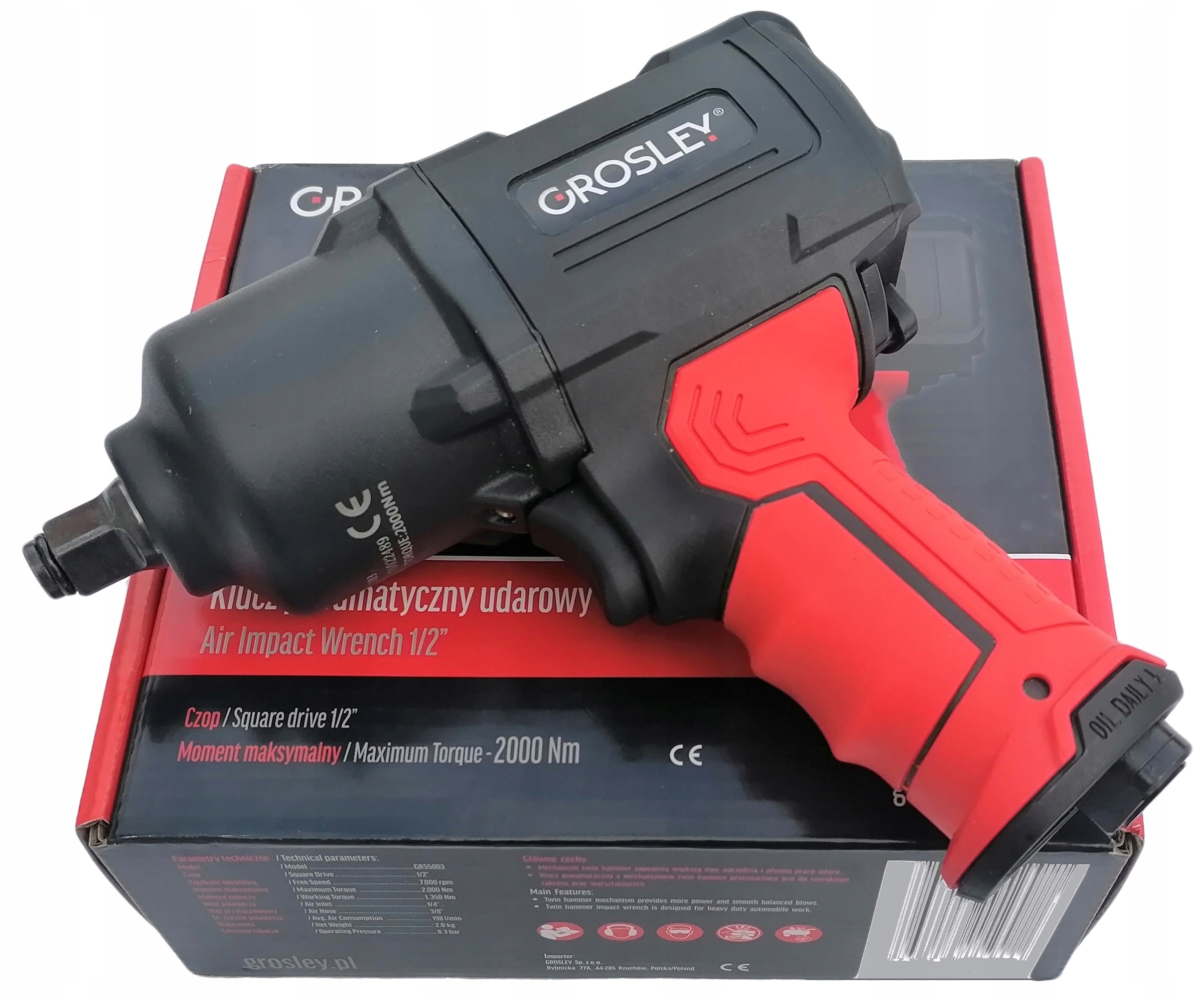 GROSLEY - Klucz udarowy pneumatyczny 1/2'' 2000Nm GR55003. PROFI NARZĘDZIA Rozmiar trzpienia 1/2''