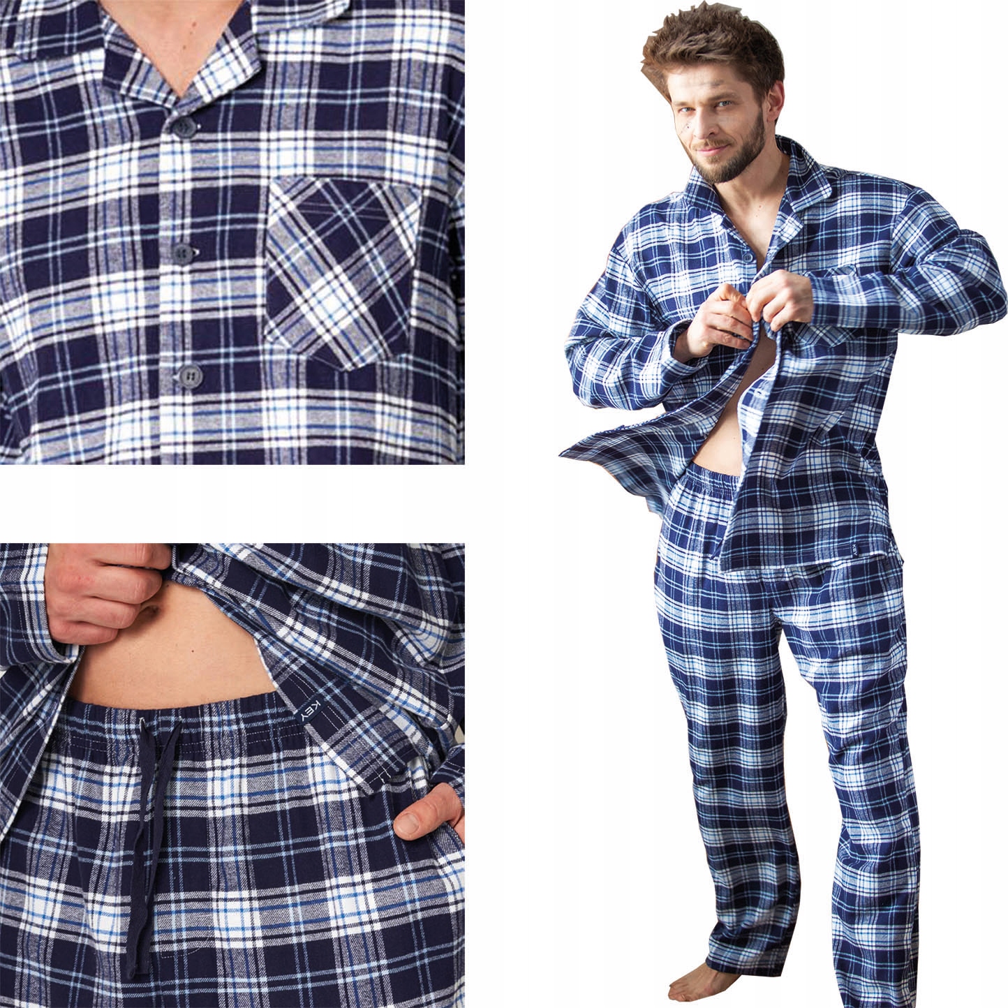 Key Pánské pyžamo s dlouhým rukávem Flanelové Rozepínací Mns tmavě modré vel 4XL