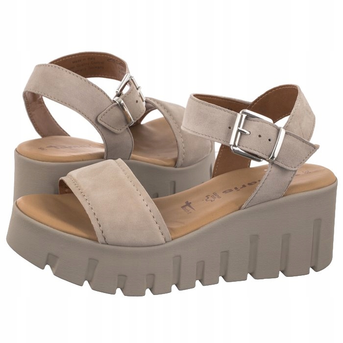 Boty Kožené sandály na podpatku Tamaris Béžové 1-28712 Taupe Suede
