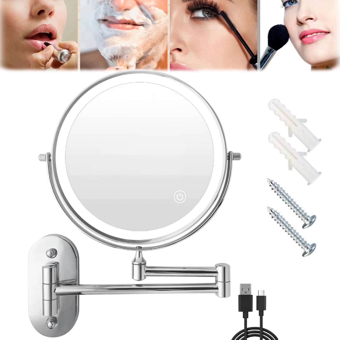 Kosmetické zrcátko na make-up s Led podsvícením, otočné, stříbrné, kulaté