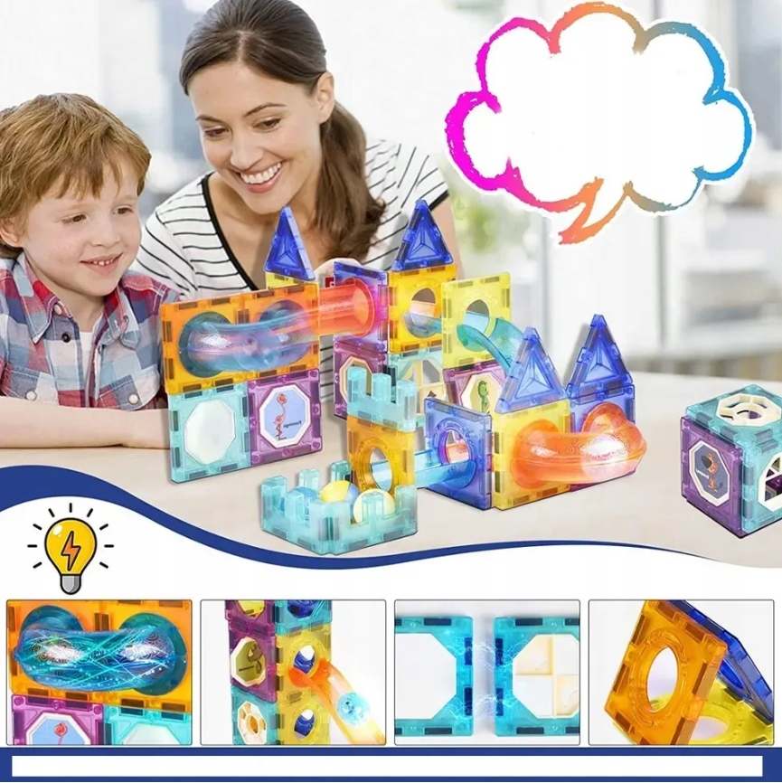 KLOCKI MAGNETYCZNE KONSTRUKCYJNE ŚWIECĄCY TOR 75EL Liczba elementów 75 szt.