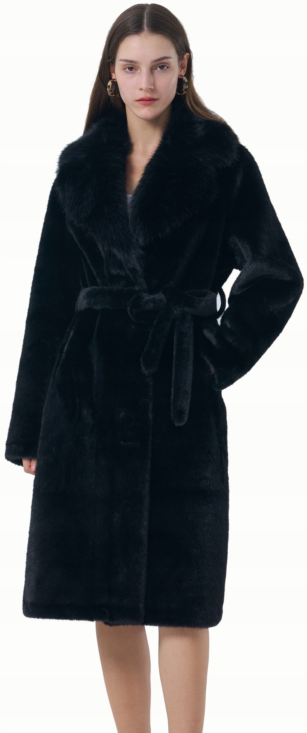 Dámský Zimní Kabát Kožešina teplý, silný, dlouhý za koleno, elegantní, černý