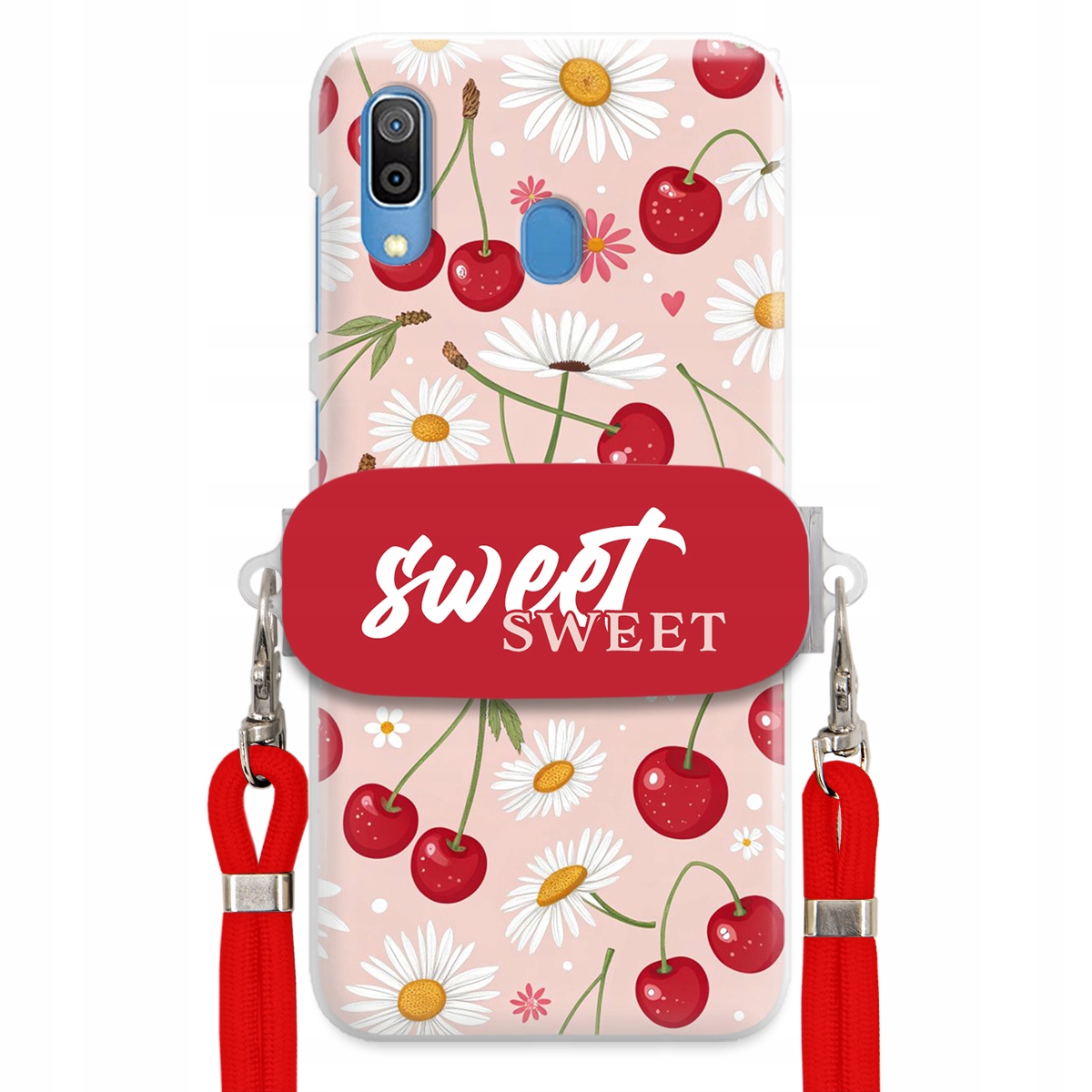 Puzdro pre Samsung A30 Červené vodítko držiak Sweet Sweet Čerešňa a sedmokráska