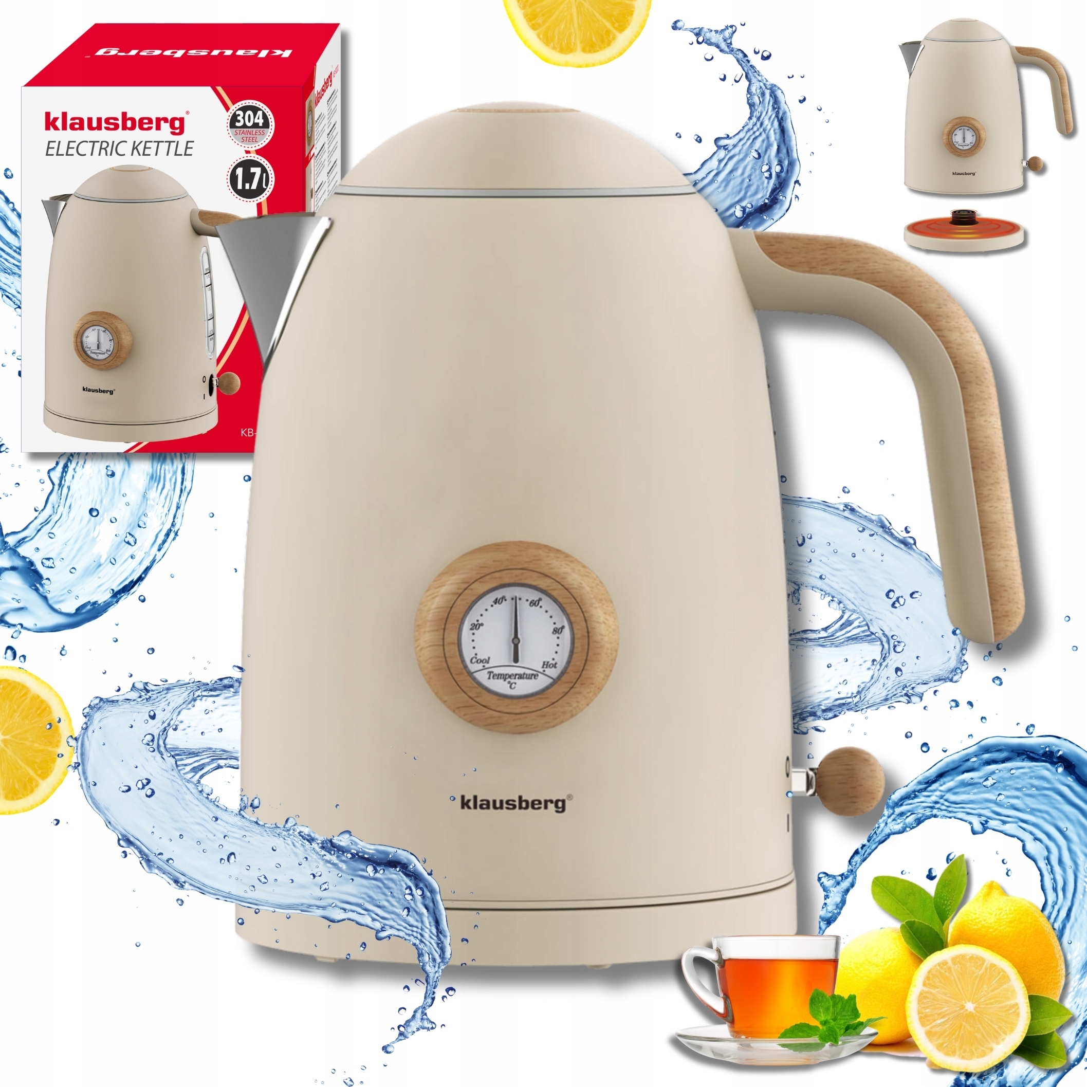 Elektrická varná konvice Bezdrátová 1.7L ocel 304 retro Teploměr Klausberg