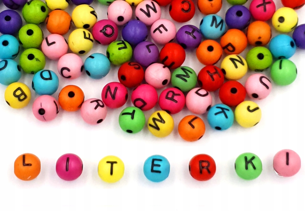 Koraliki LITERKI Litery Kulki Kule Akrylowe 8mm Kolorowe 100szt Mix
