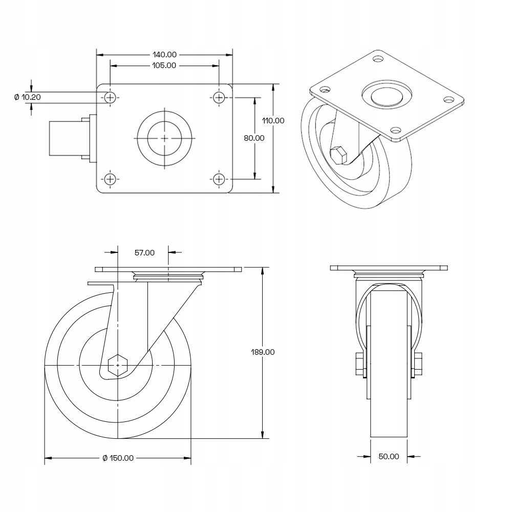 Koło transportowe z Gumy 150mm Nośność 330kg Aluminium Marka inna
