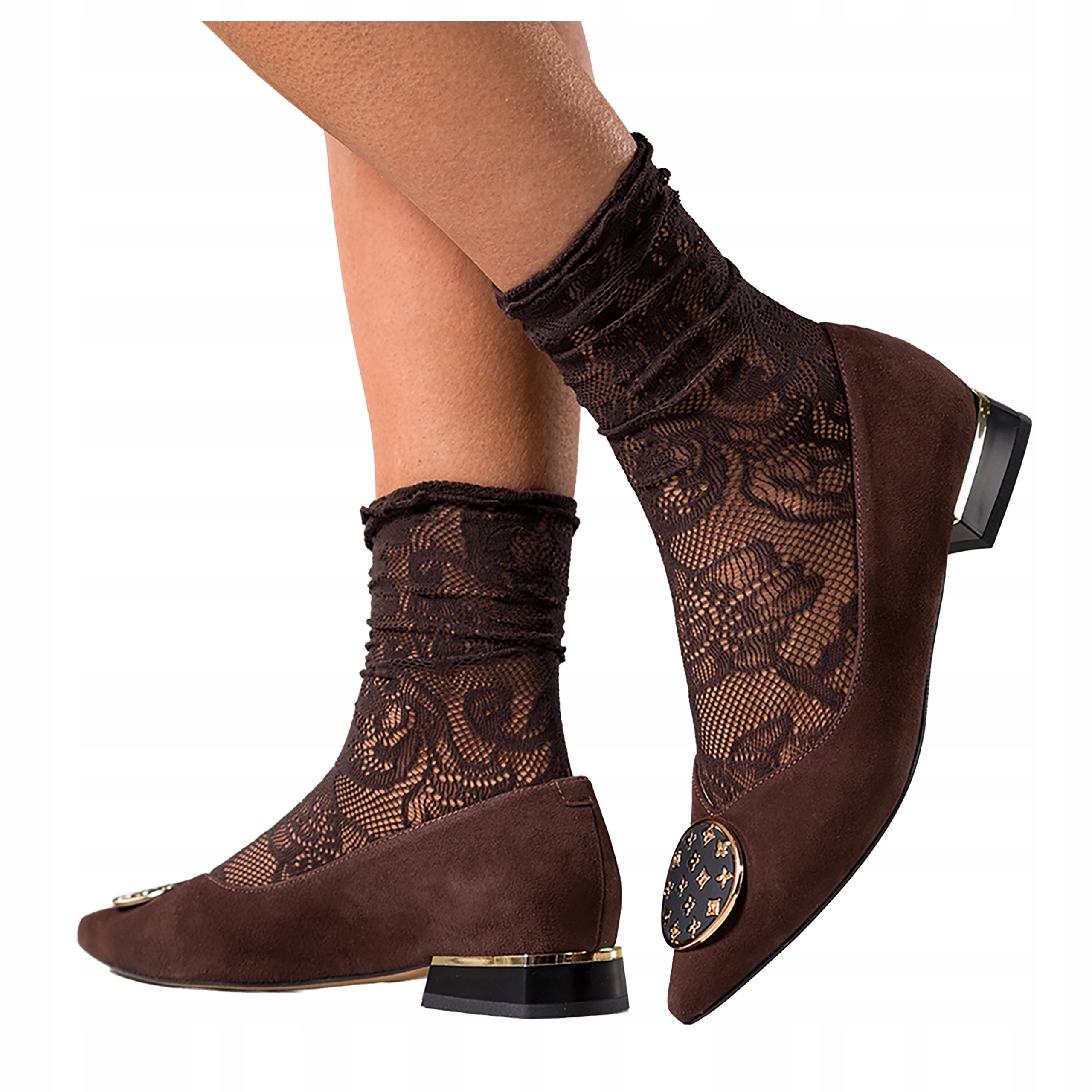 Čokoládové Baleríny Dámské Nízký Podpatek Zlatá Polské Kožená ozdoba vel 41