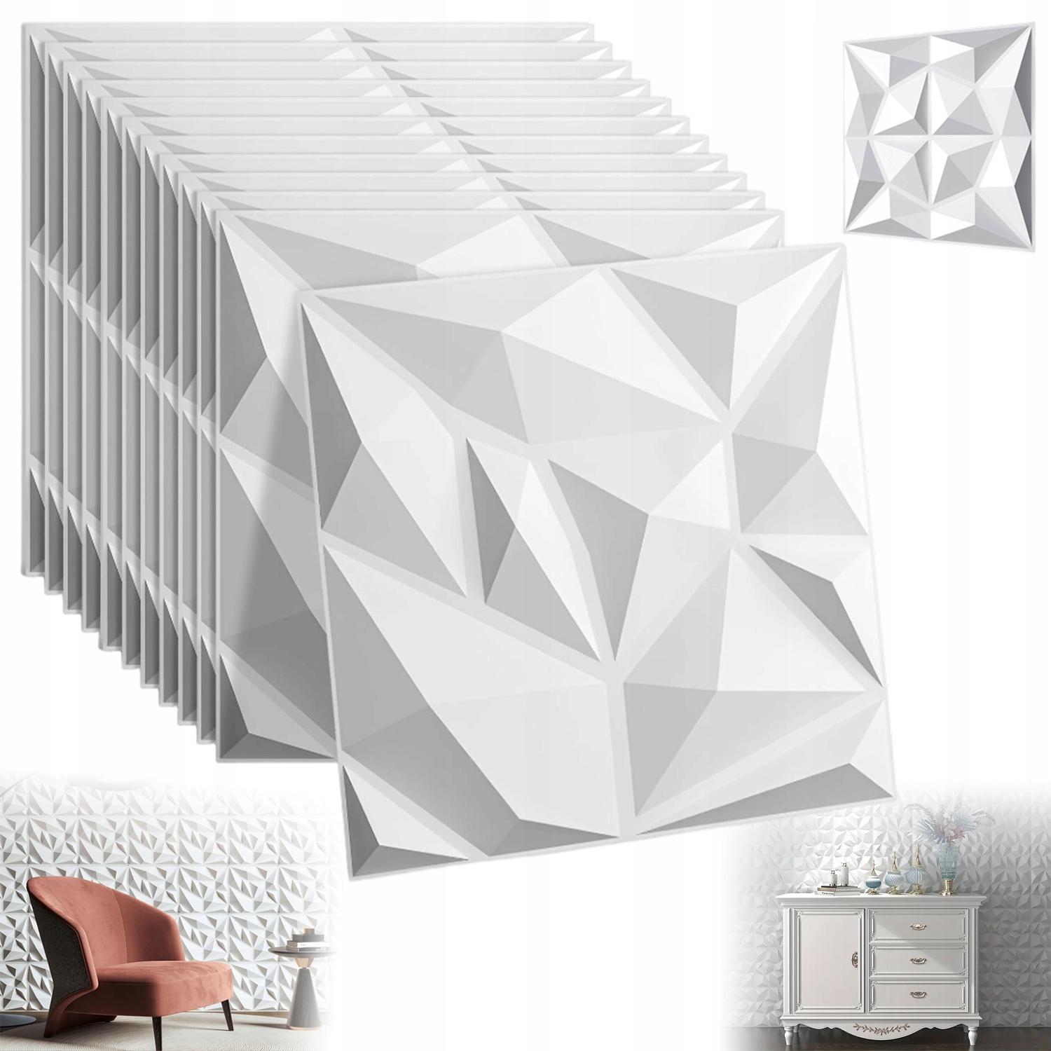 3D Stěnové Panely Struktura Diamantu 12 Ks 50X50 CM Do Obývacího Pokoje Ložnice