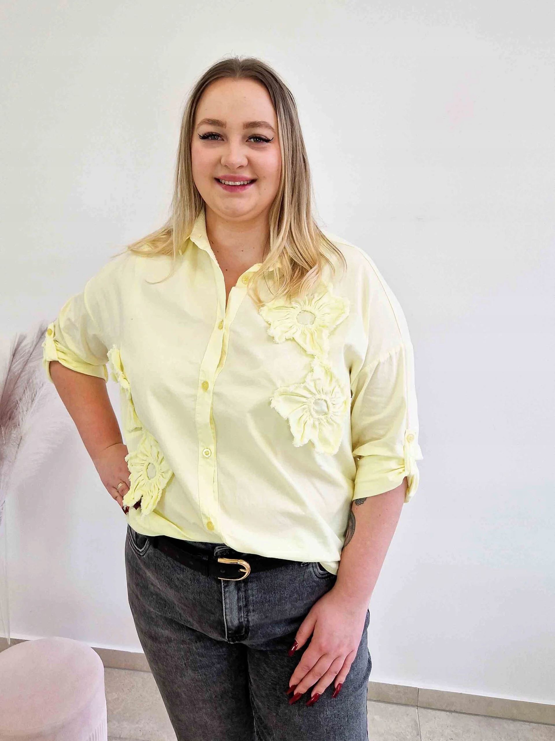Bavlněná dámská košile Oversize s 3D květy Žlutá Uni