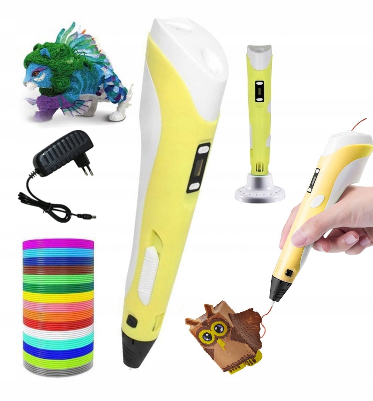 DŁUGOPIS 3D dla dzieci DRUKARKA 3D PEN + WKŁADY Żółty + Zasilacz + Stojak