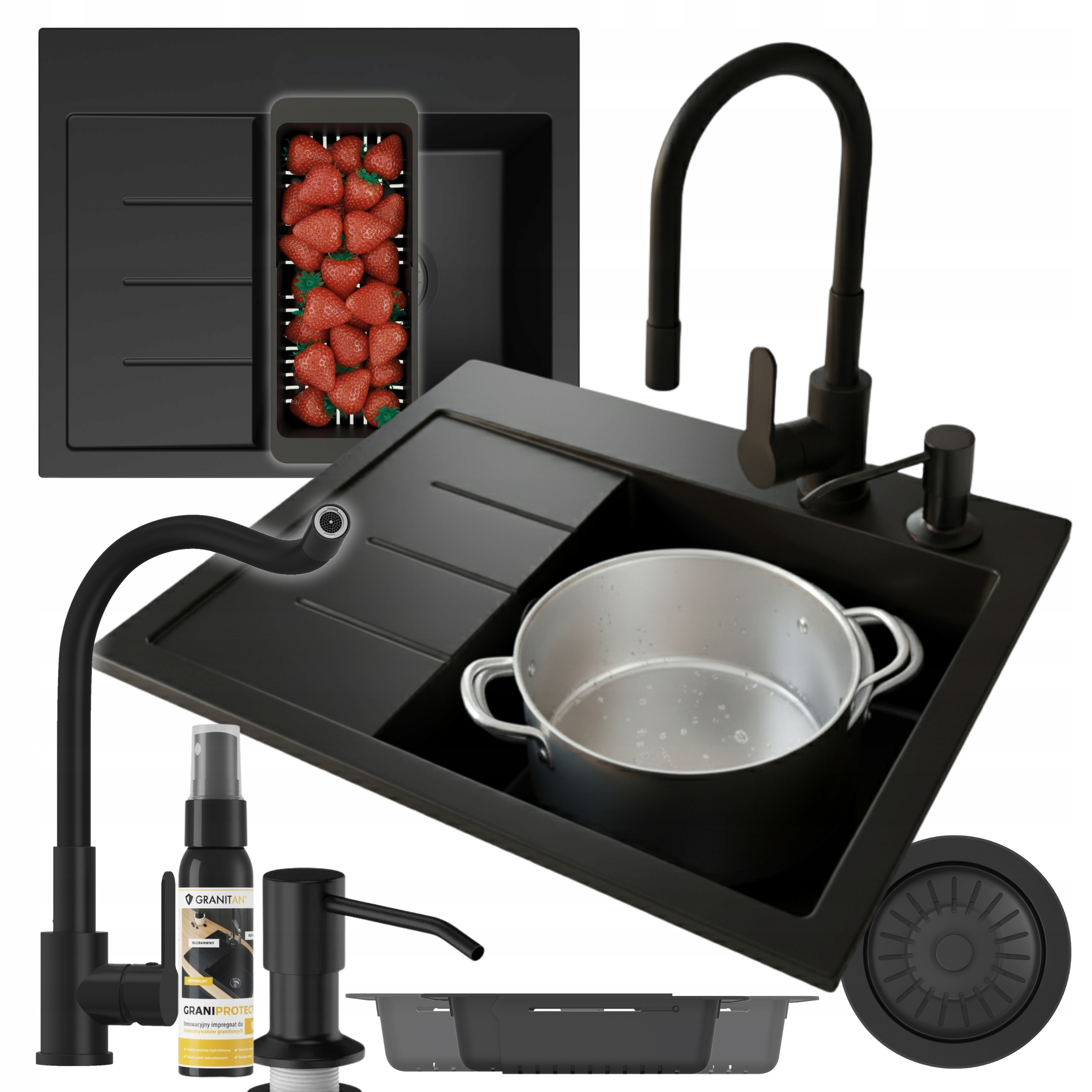 Granitový drez Set 1-KOMOROVÝ Drez Amber Batéria Sifón Dávkovač