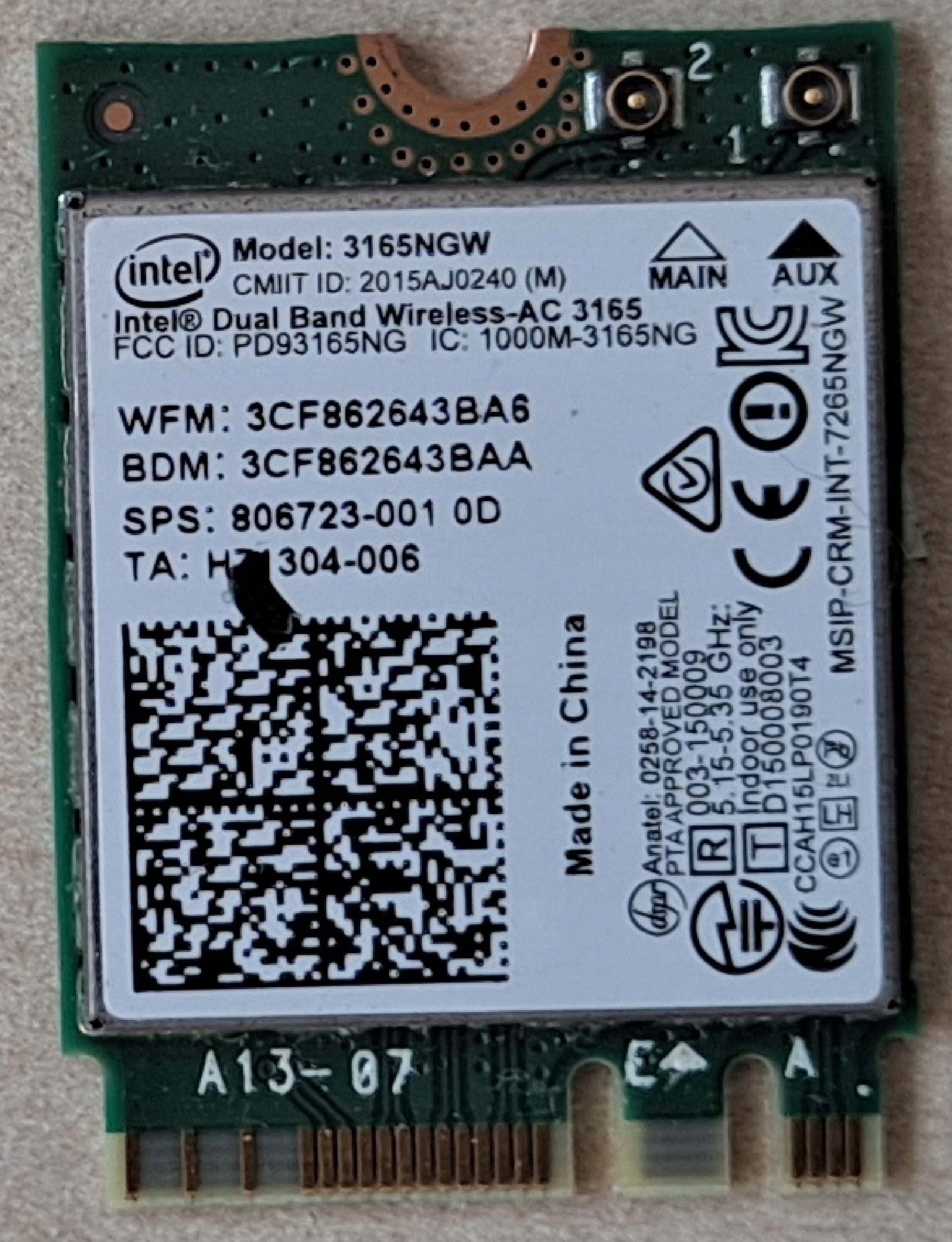 Karta sieciowa bezprzewodowa Intel 3165NGW M.2 do HP Wi-Fi 5 433 Mb/s