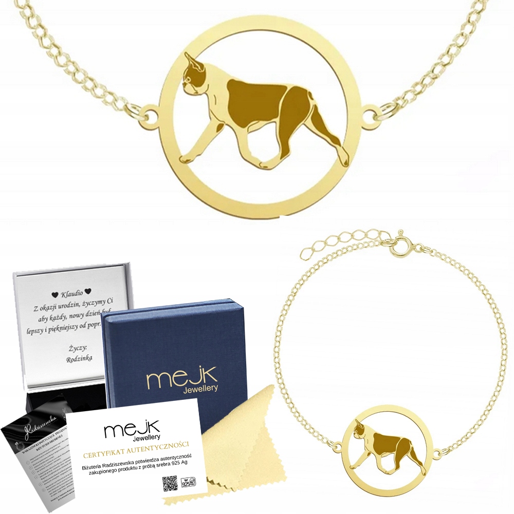 Zlatý náramek Boston Terrier 925 Šperky Dárek Gravírování Bonus