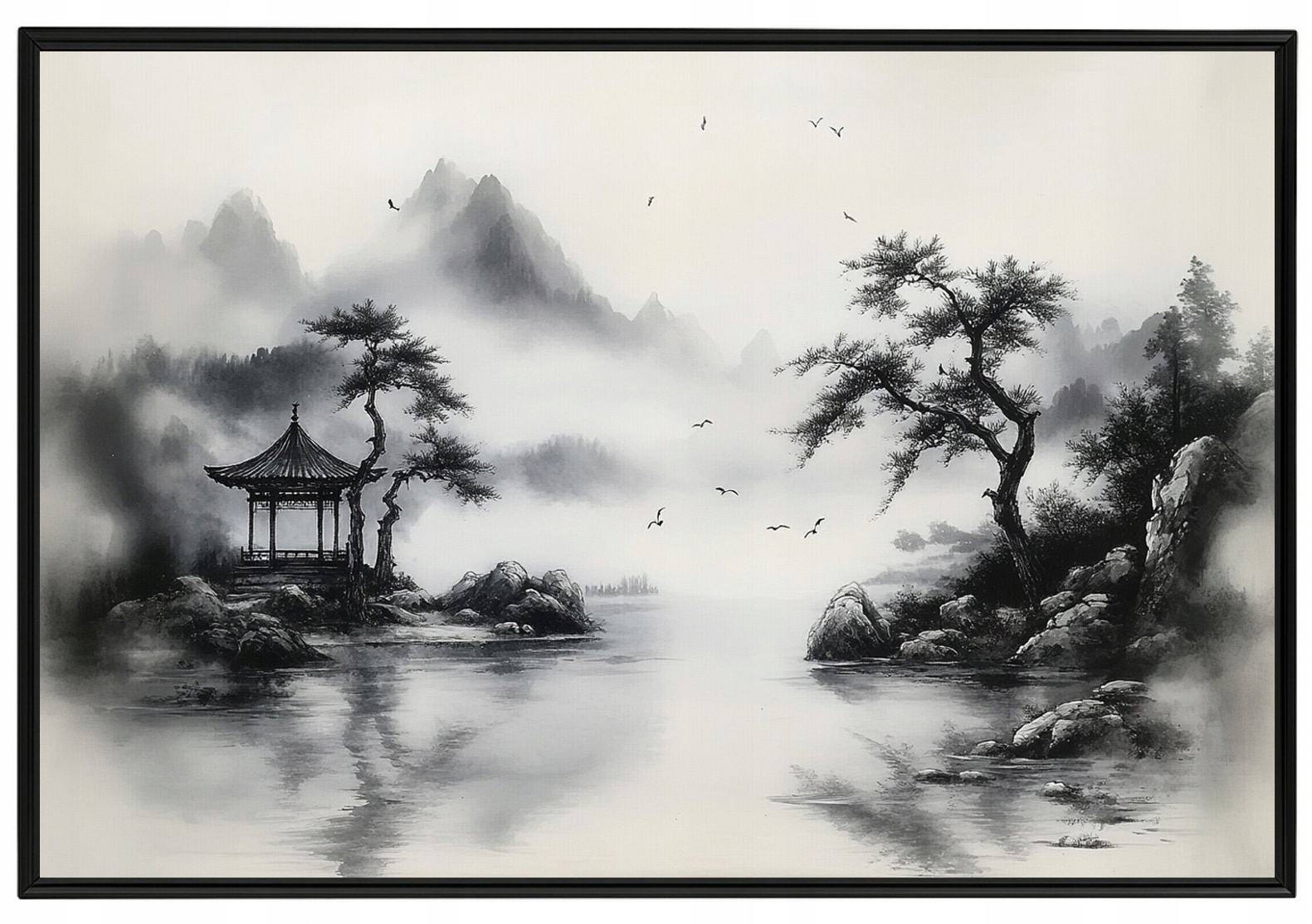 Plakát Rámeček Aluminium Grafika Tusz Asie Čína Krajina Pagoda 93x62
