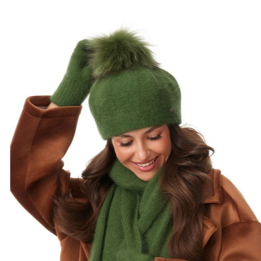 Beret Čepice dámská s přírodním bambulem Vlněná s Angorou Zeleň Jenot
