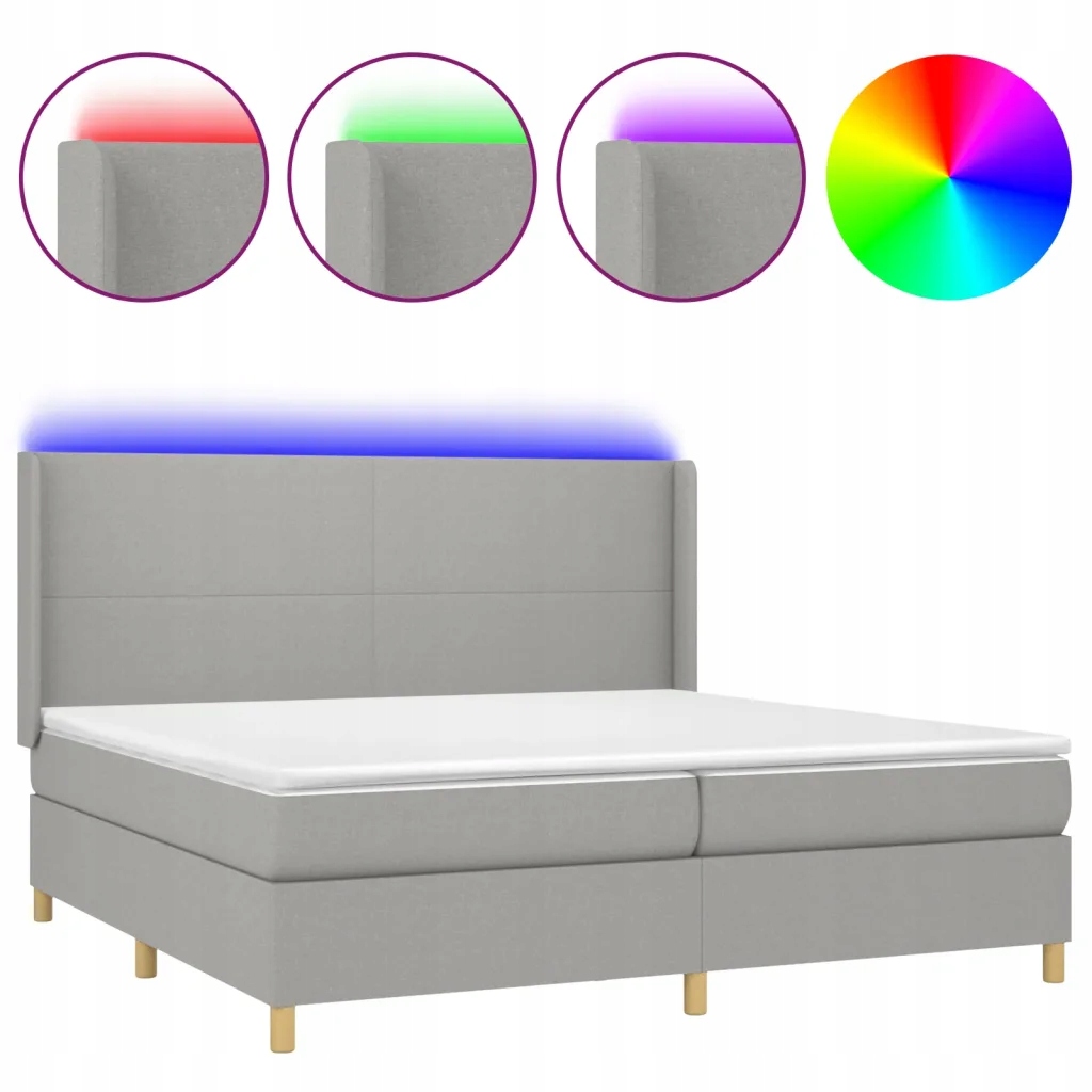 Kontinentální postel světle šedá 203 x 203 x 118/128 cm s Led diodami