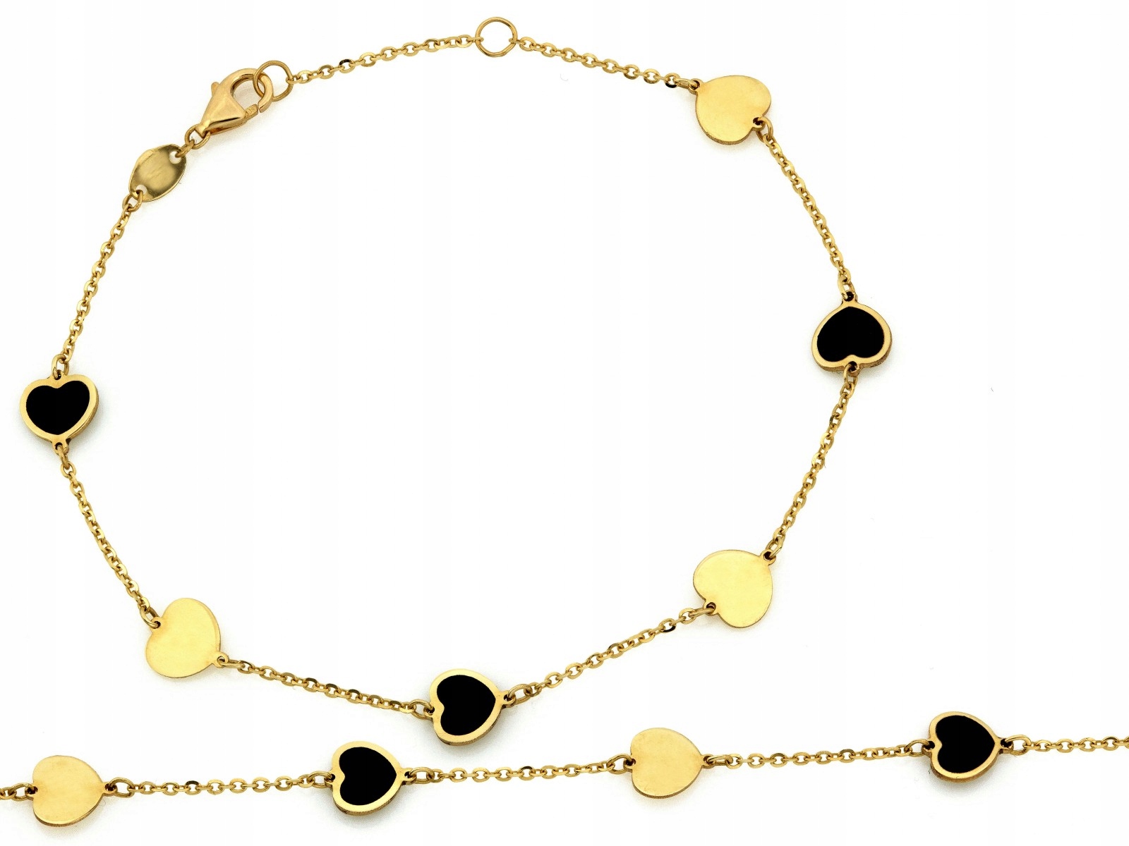 Zlatý náramek 585 se srdíčky, černý smalt, 18 cm jako dárek k srdíčka 14k