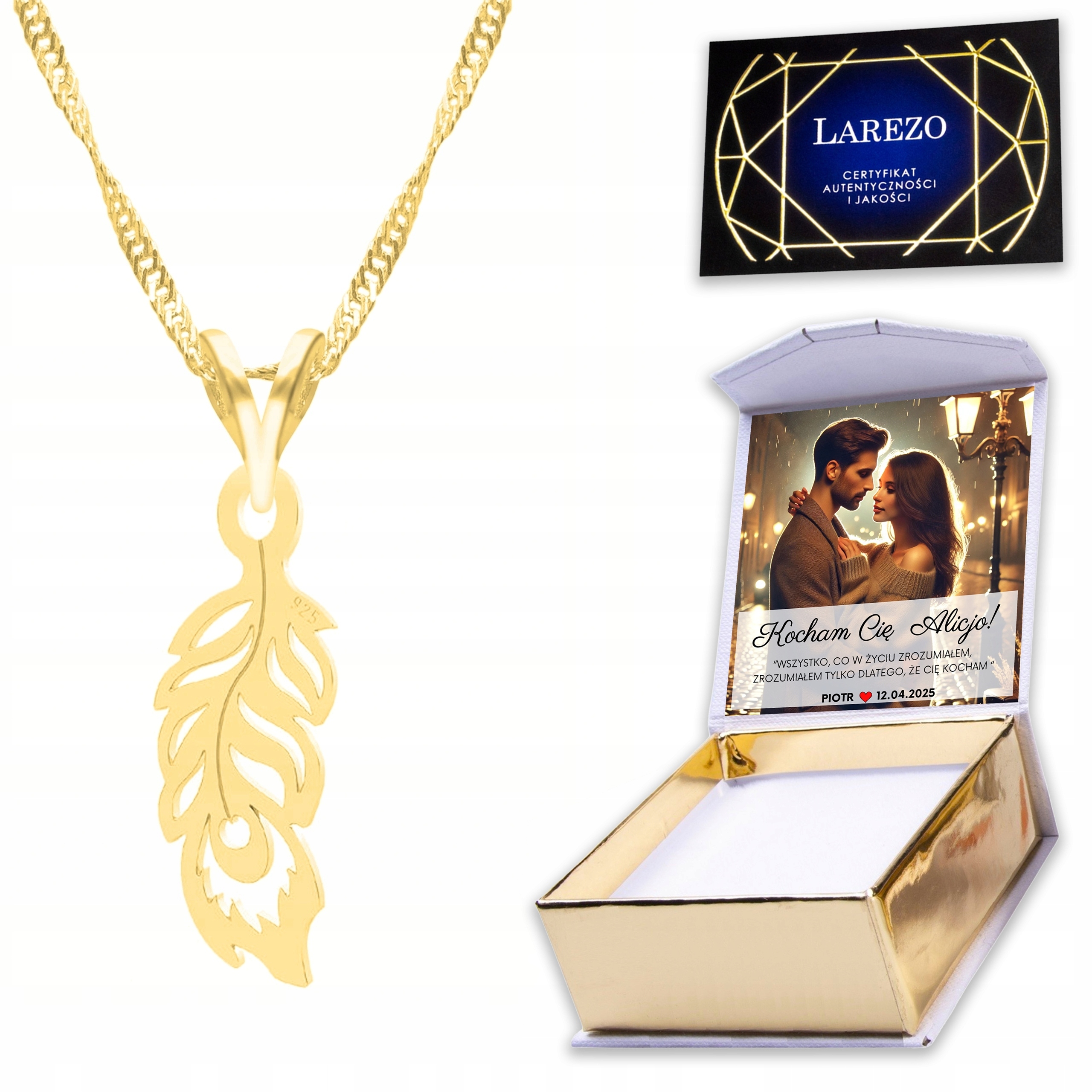 Zlatý náhrdelník 925 s pavím perem Paví pero Přívěsek Potisk