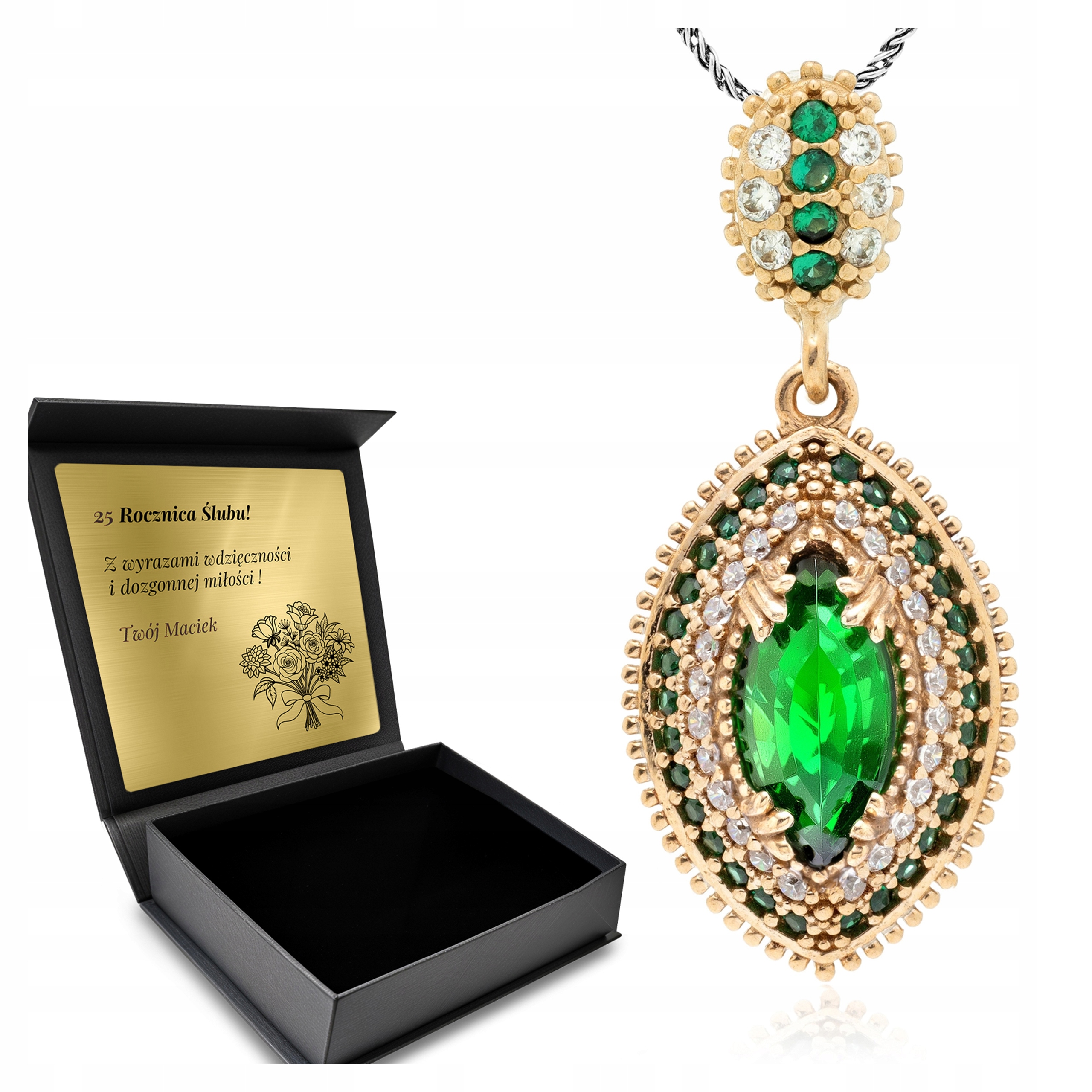 Stříbrný Náhrdelník 925 Zirkony Smaragd Dárek Den žen Gravírování