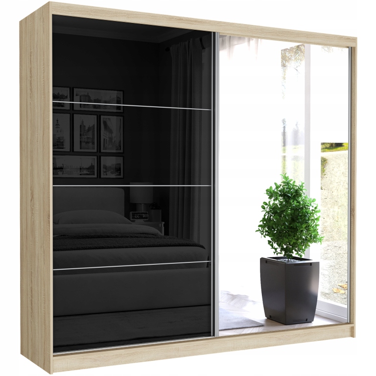 Skříň Posuvná 230 cm Zrcadlo Lacobel Šprosy 2 dveře Černá Šatní skříň