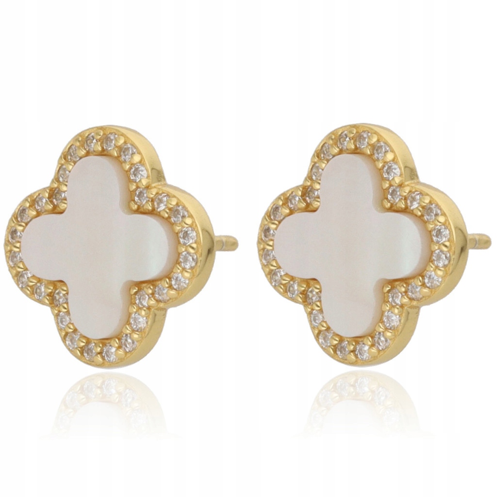 Kolczyki pozłacane koniczynki z białą masą perłową wkrętki 925