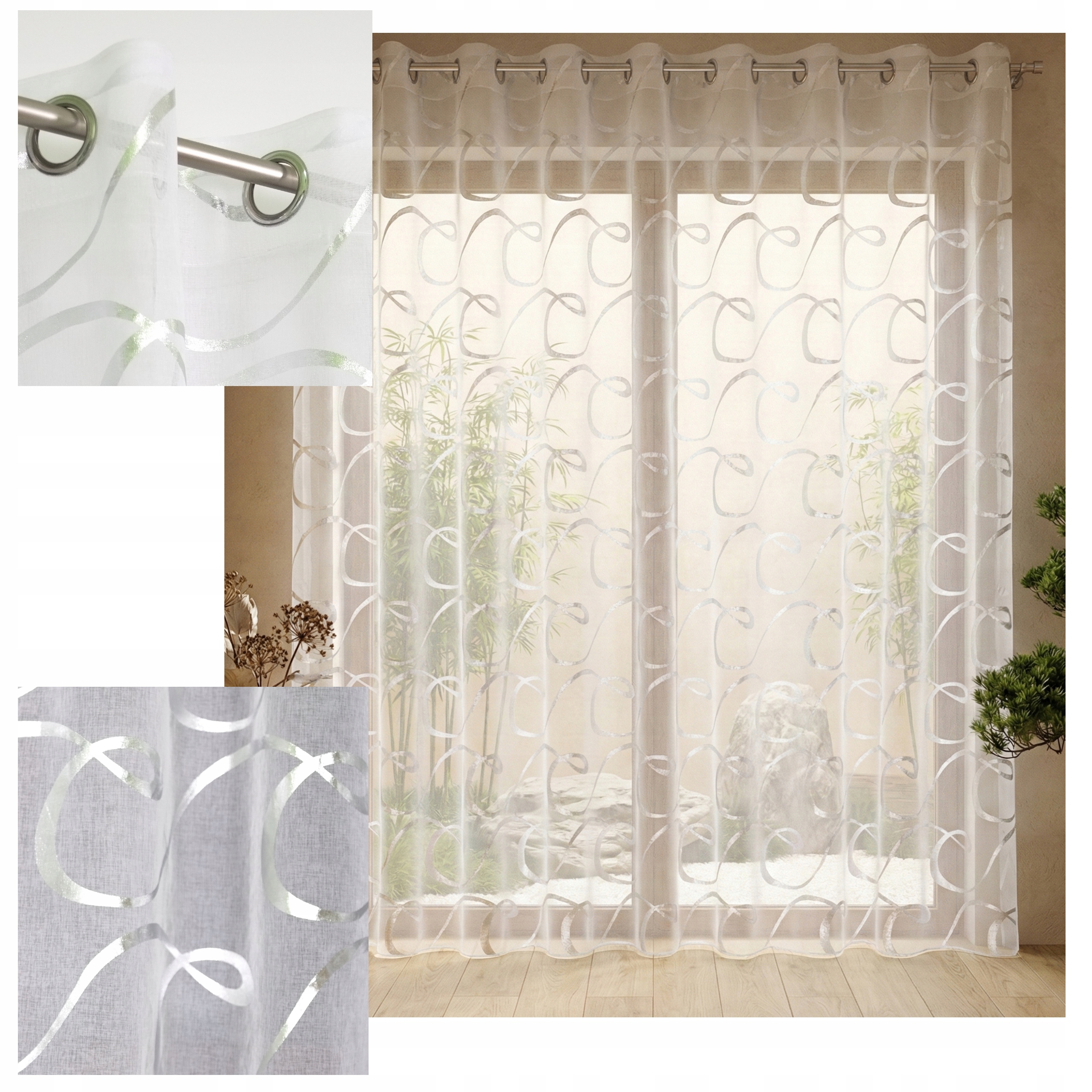 Záclona Japandi Bianka Etamin Stříbrné Smyčky Oka olověná 140x225