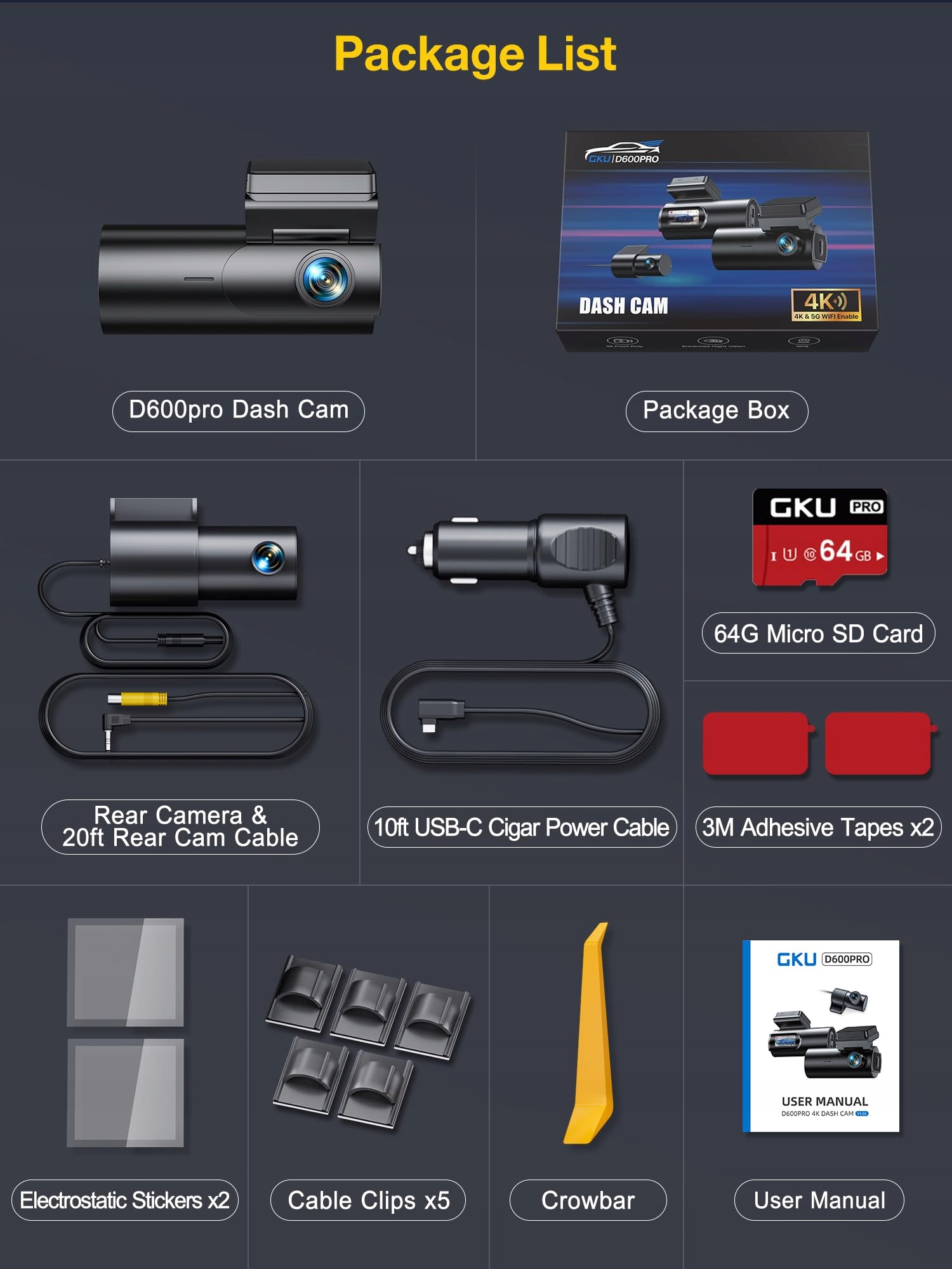 GKU Kamera Samochodowa 4K Przód Tył WiFi GPS 64GB Super Nocny Widok — miniatura 8