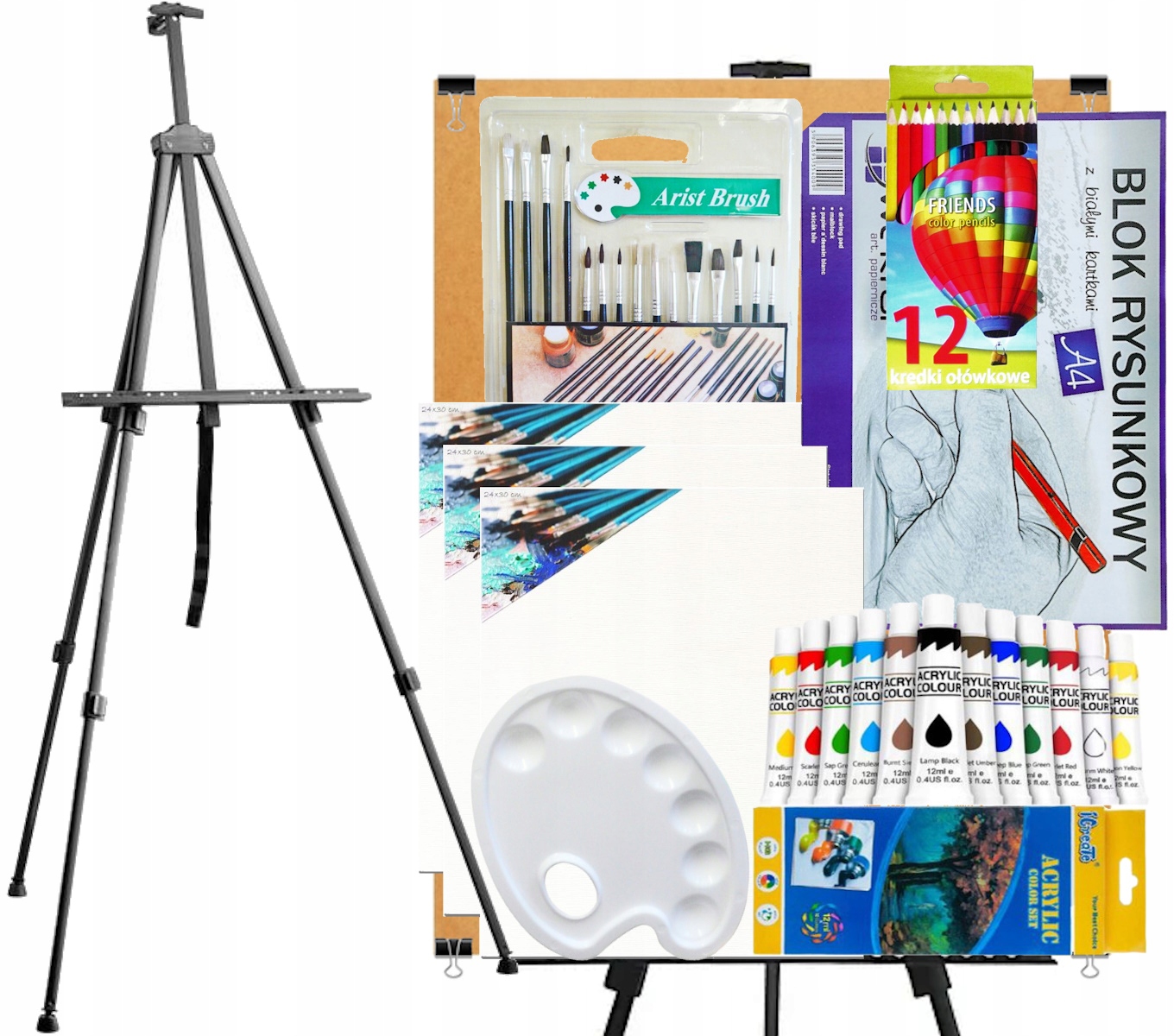 SZTALUGA PŁÓTNA FARBY PĘDZLE DUŻY MALARSKI ZESTAW