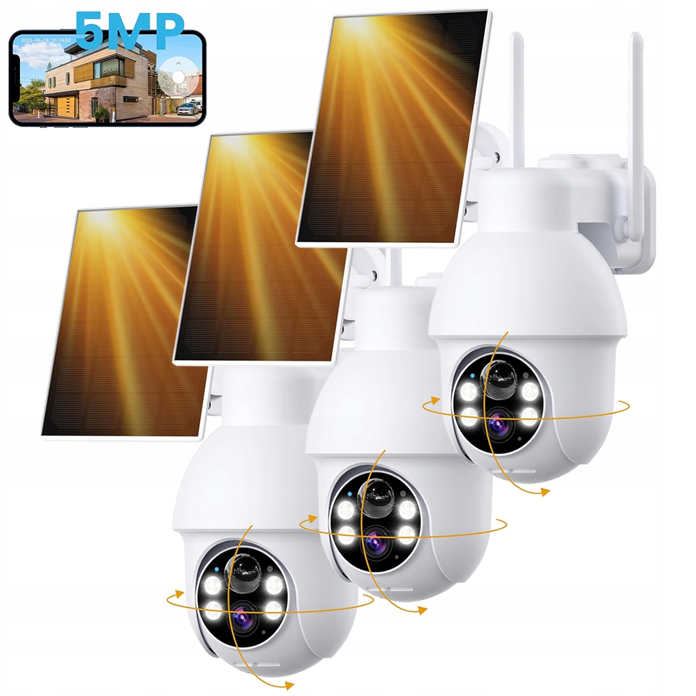 5MPX Venkovní Solární Kamera Wifi Otočná 360° Zoom 4X Alarm Pir 3ks