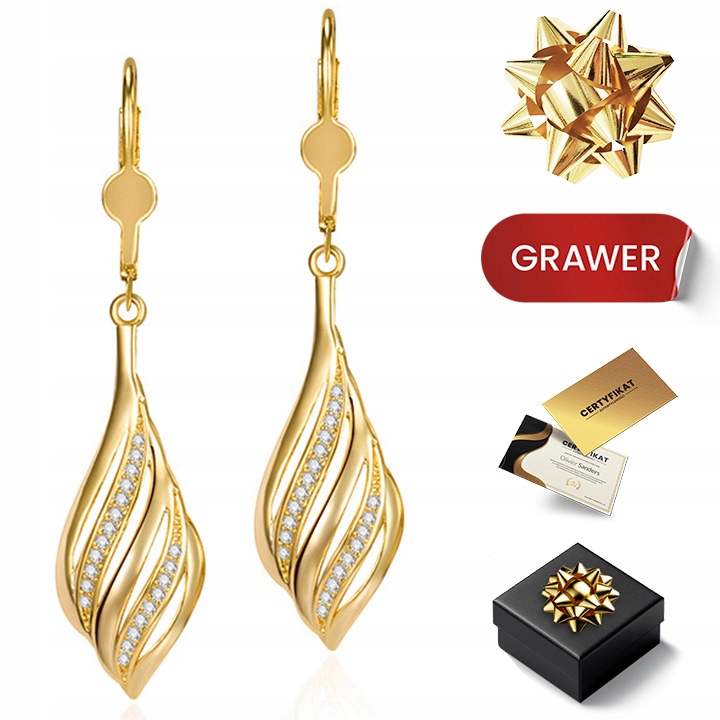 Złote Kolczyki Dla Kobiety Wiszące Z Cyrkoniami 585 Zatrzask