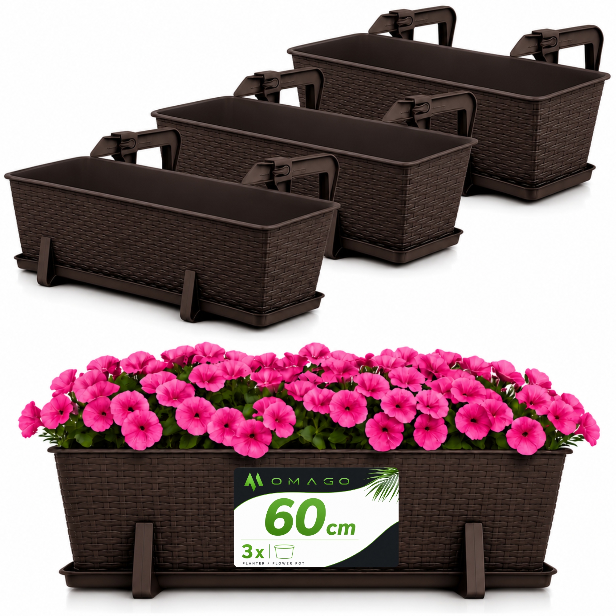 3 x Balkonový Truhlík Květináč 60 cm S Úchytkami Set Bronz