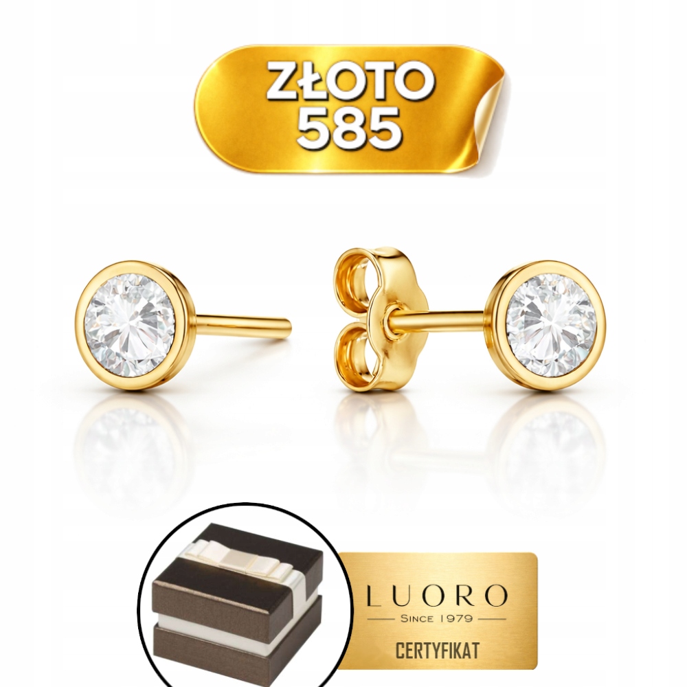 Náušnice Zlaté 585 14K Kolečko Bílá Zirkon Tyčinka 3,9 CM Elegantní