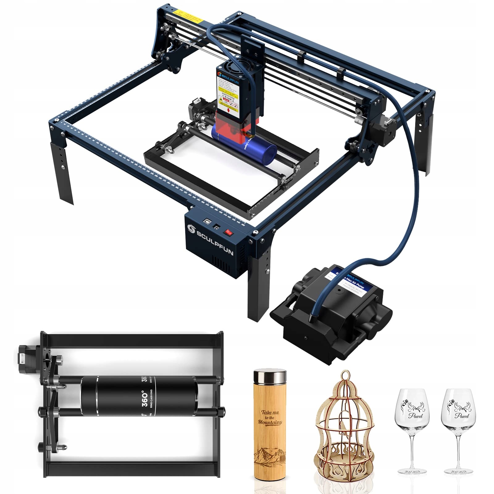 Laserové gravírování Sculpfun S30 Pro Max vzduchový posilovač rotační váleček