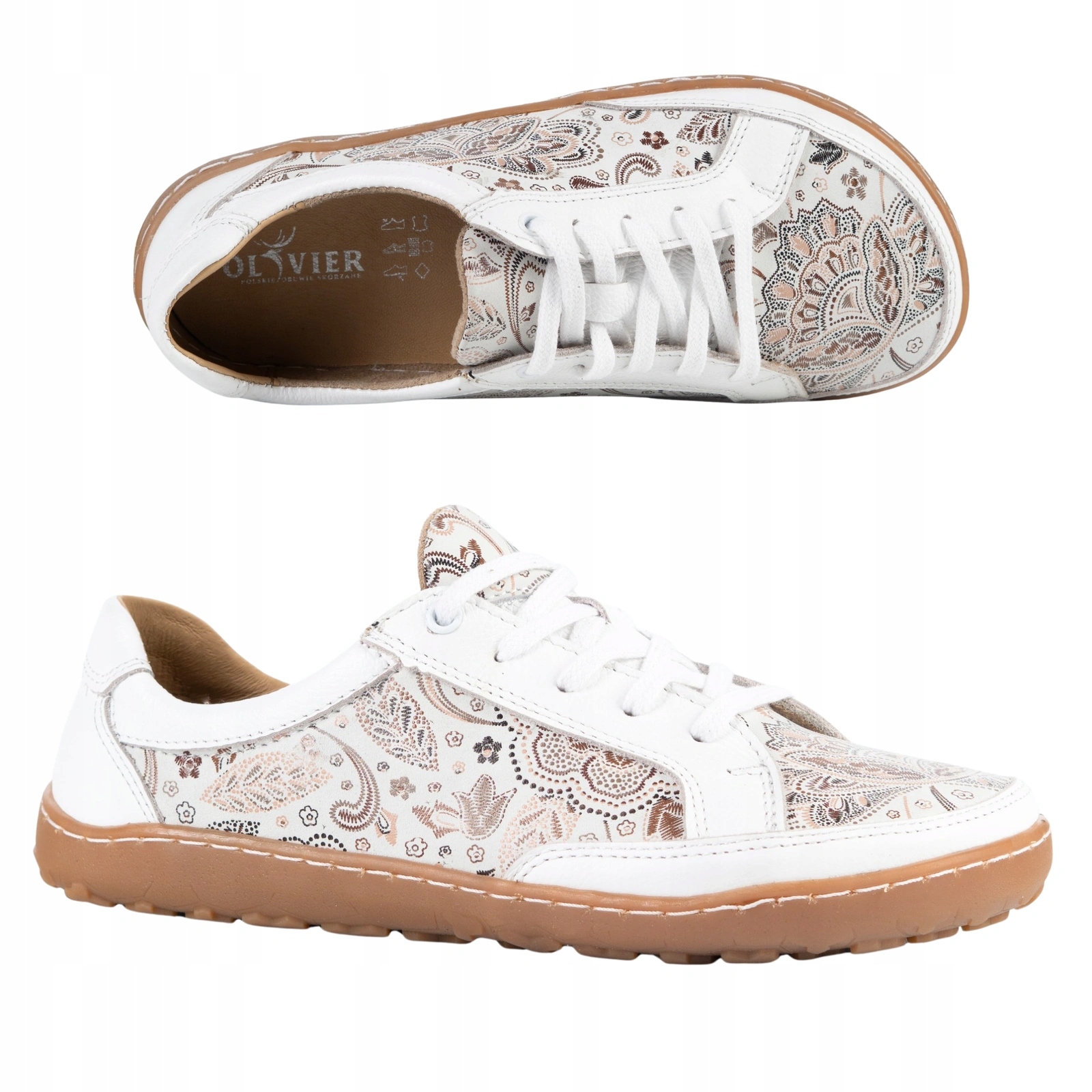 Buty Barefoot damskie Olivier 106MP skórzane białe kwiaty 38