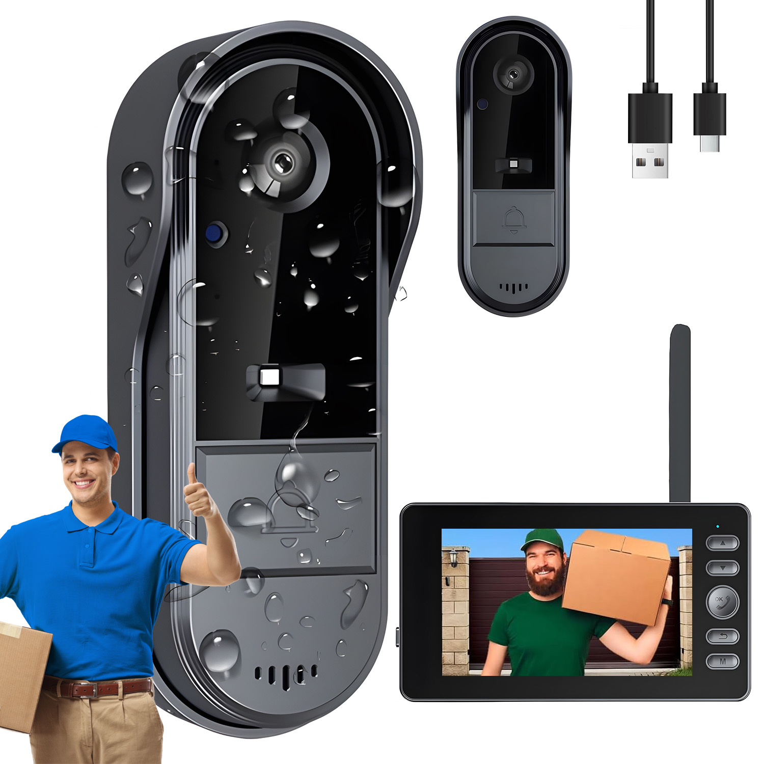 Bezdrátový Dveřní Zvonek Videodomofon S Venkovní Kamerou IP65 170°