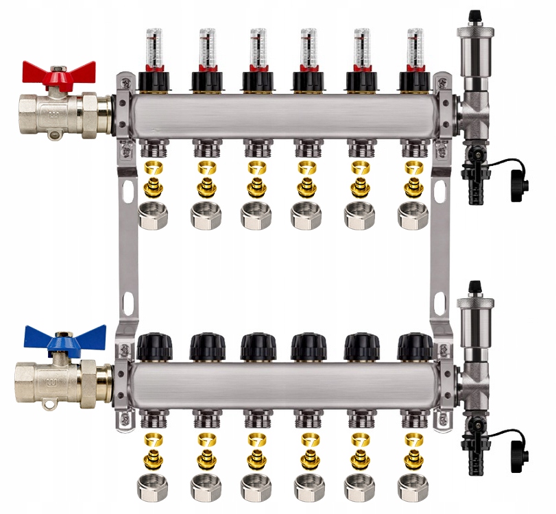 Rozdělovač Pro Podlahovku 6 Okruhů Nerezový Rovný Ventil Pexové Spojky
