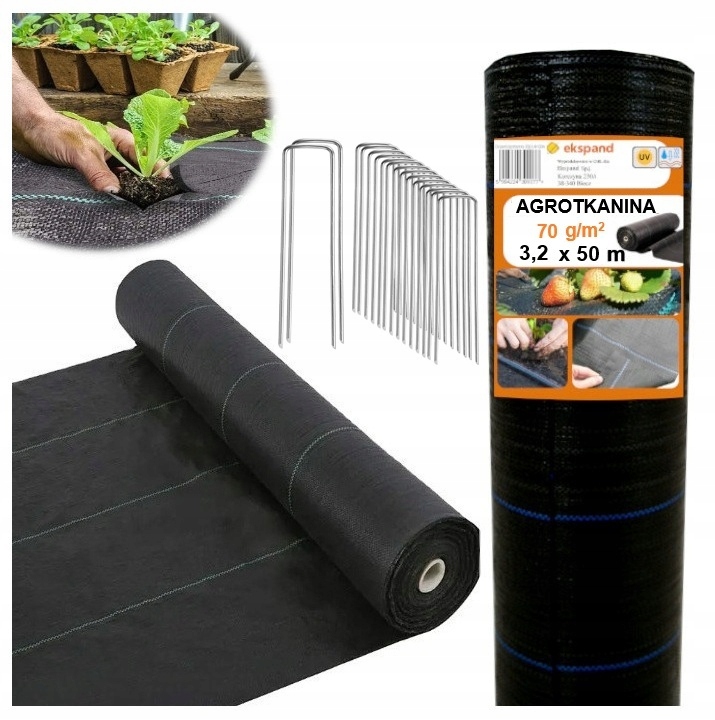 AGROTKANINA 70g 3,2x50m AGROWŁÓKNINA czarna UV antychwastowa mata +SZPILKI