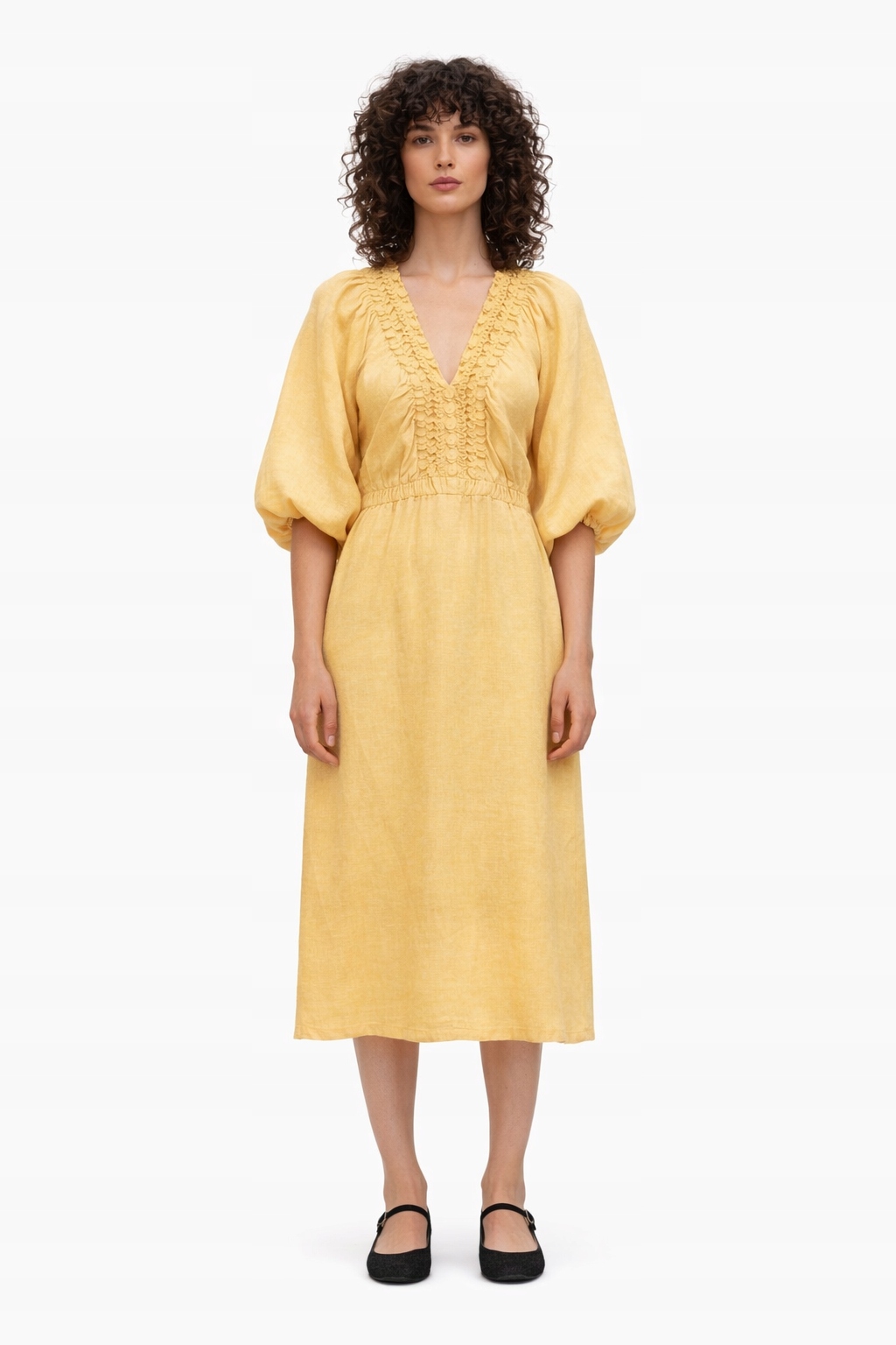 Žluté Lněné Šaty S Volánem A Bufetovými Rukávy, Velikost L 1I3A