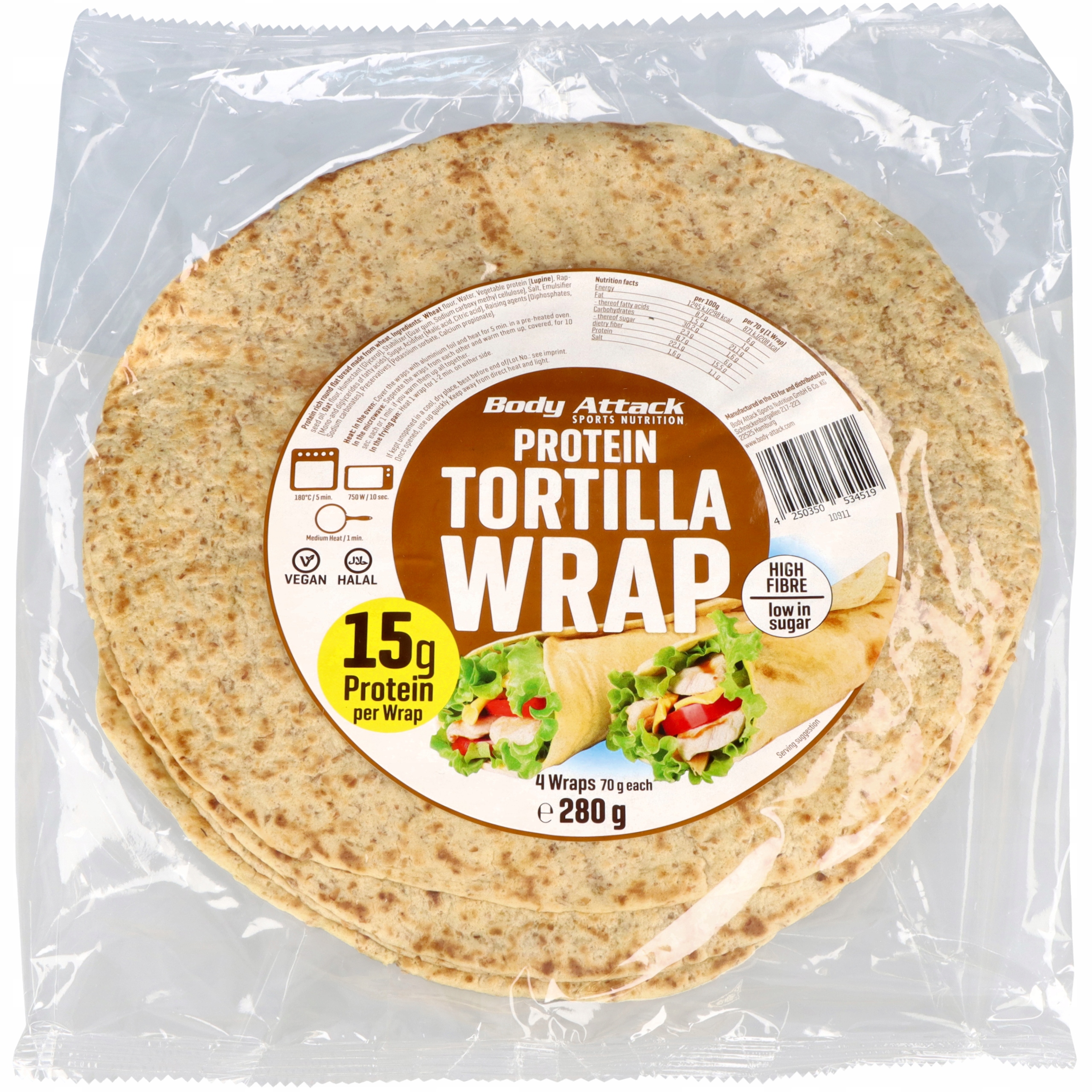 

Body Attack Protein Tortilla Wraps (4 wraps) 280g