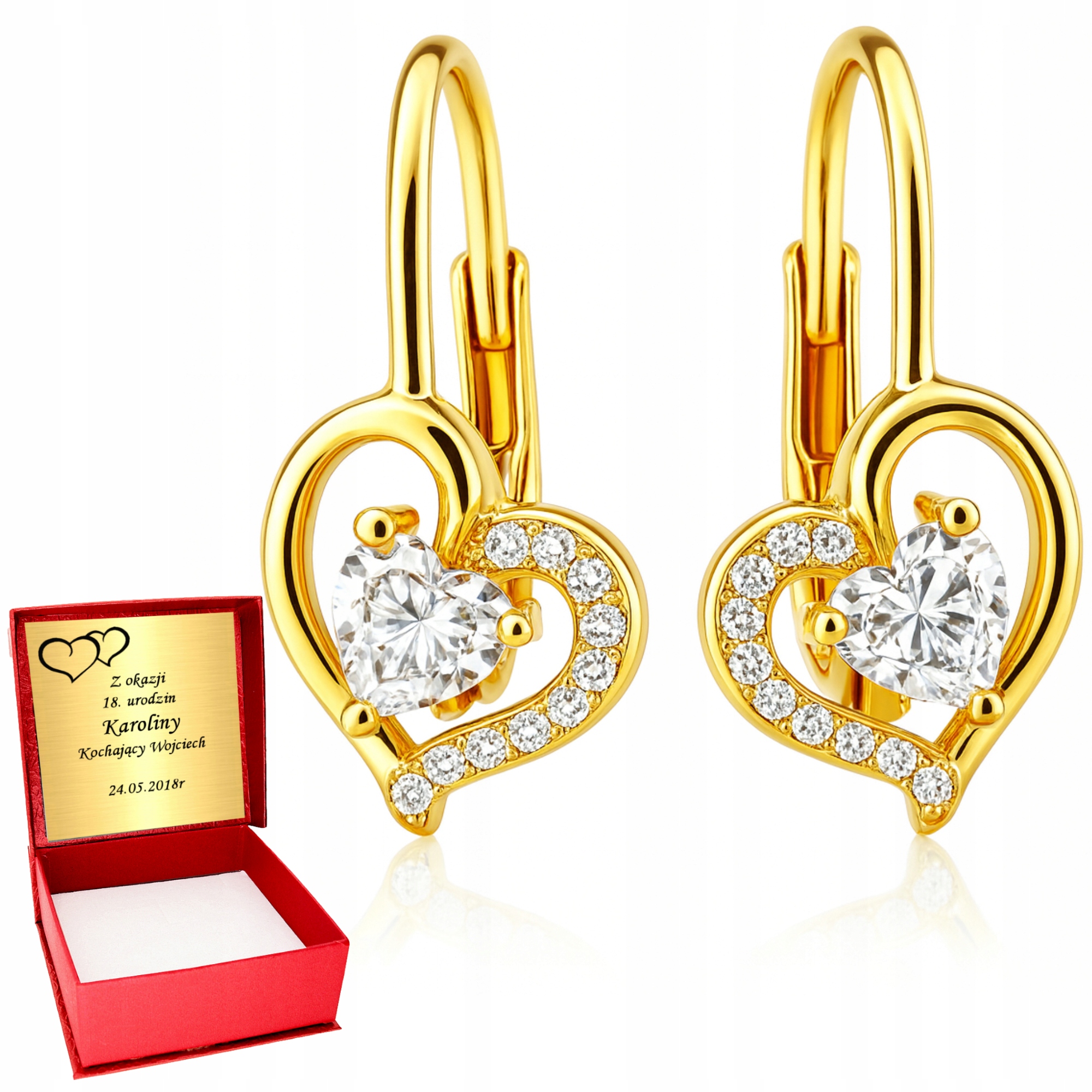 Złote Kolczyki 925 Wiszące Serduszka Delikatne Serce z Cyrkonią