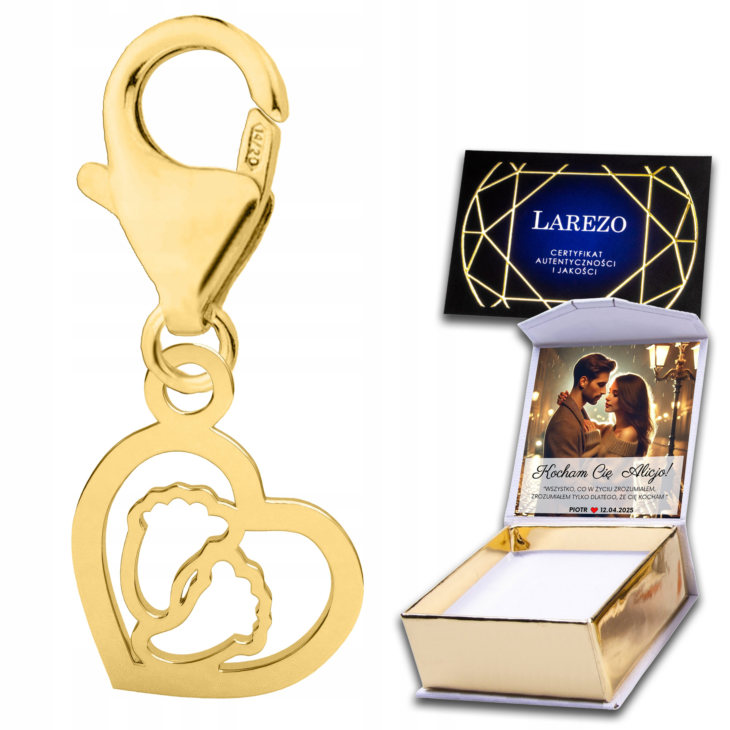 Zlatý přívěsek Závěsné srdce Srdíčko Chodidla Dítě Láska Vlastní Potisk