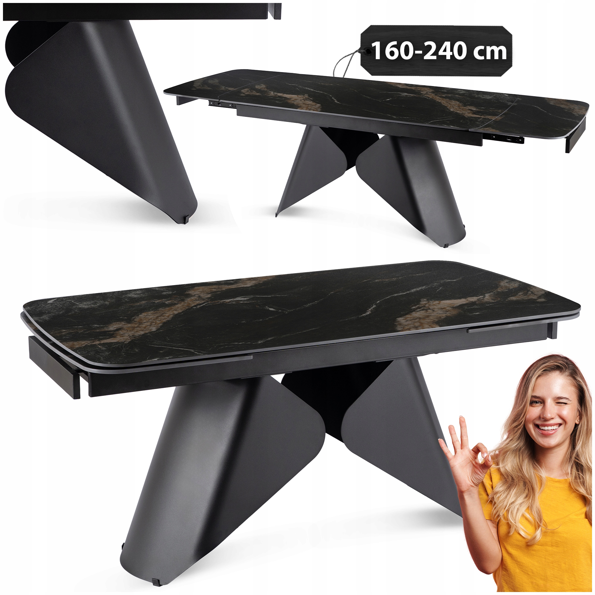 Rozkládací stůl 160/240 Umělý Kámen Na Bázi Křemene Černý Keramický pro jídelnu Verona