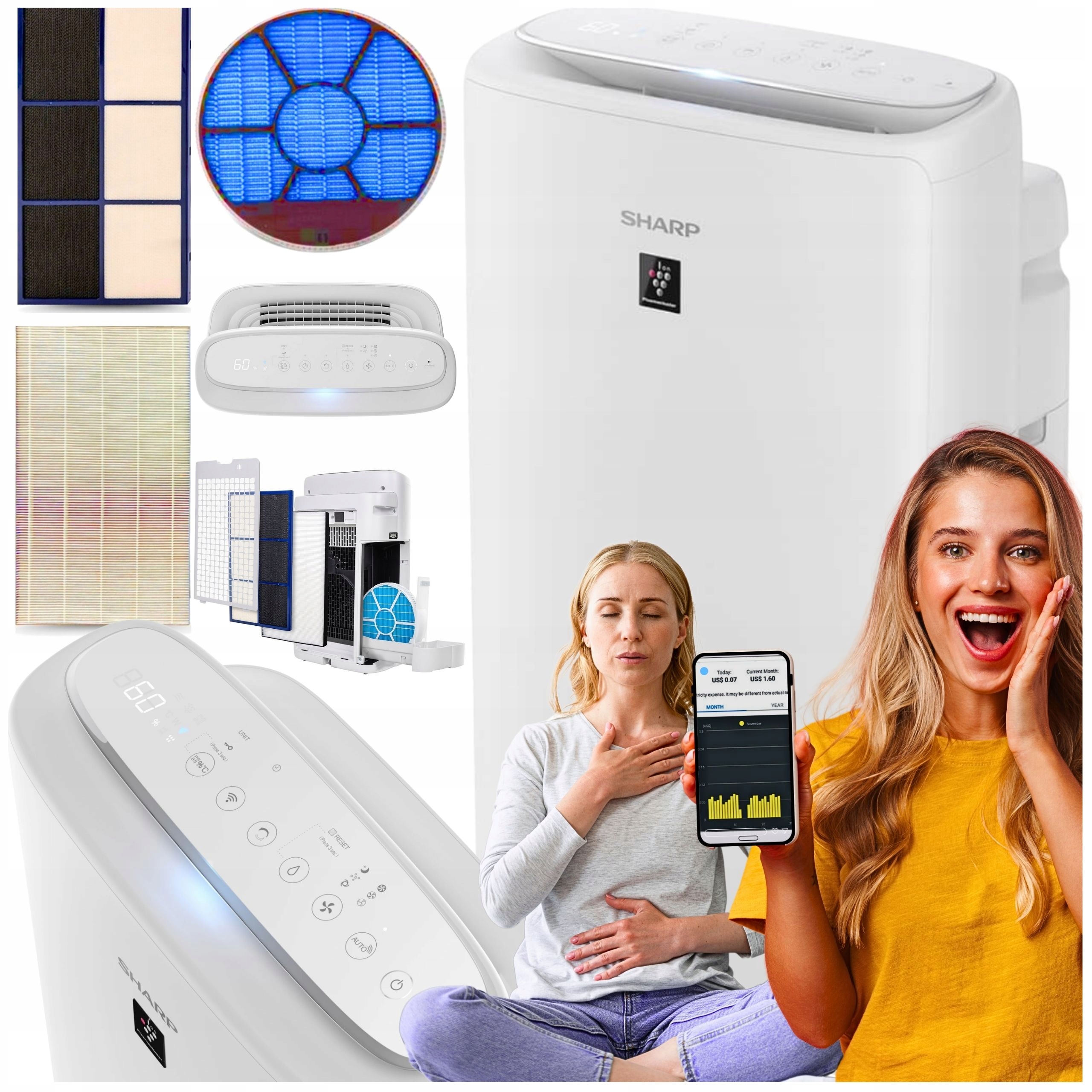 Sharp Oczyszczacz Powietrza z Nawilżaniem Jonizacją UA-KIN52E-W Hepa Apka