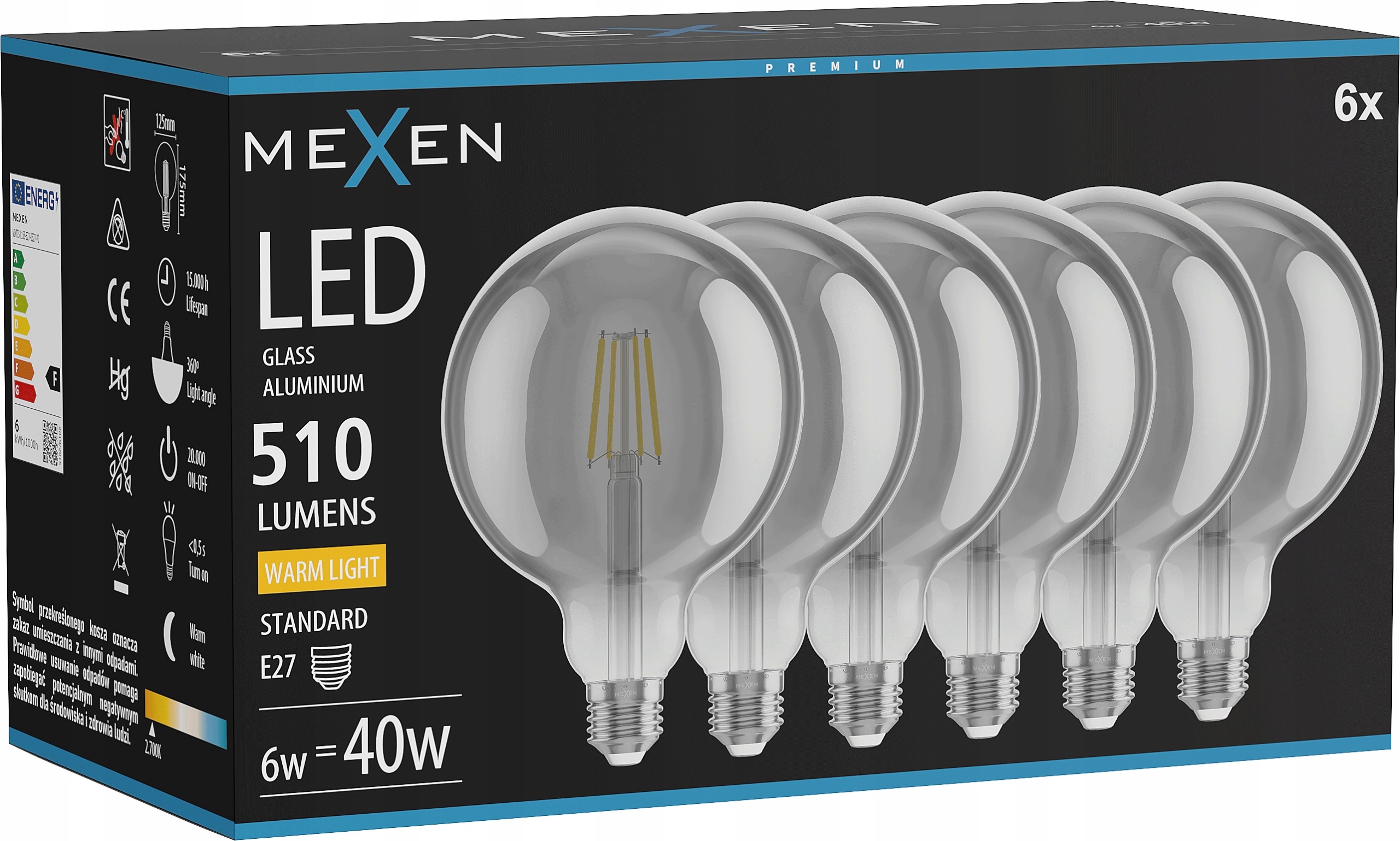 Mexen Vintis 6X Žárovka Filament Led E27 G125 6W Teplá 2700K 510 LM Kouřová