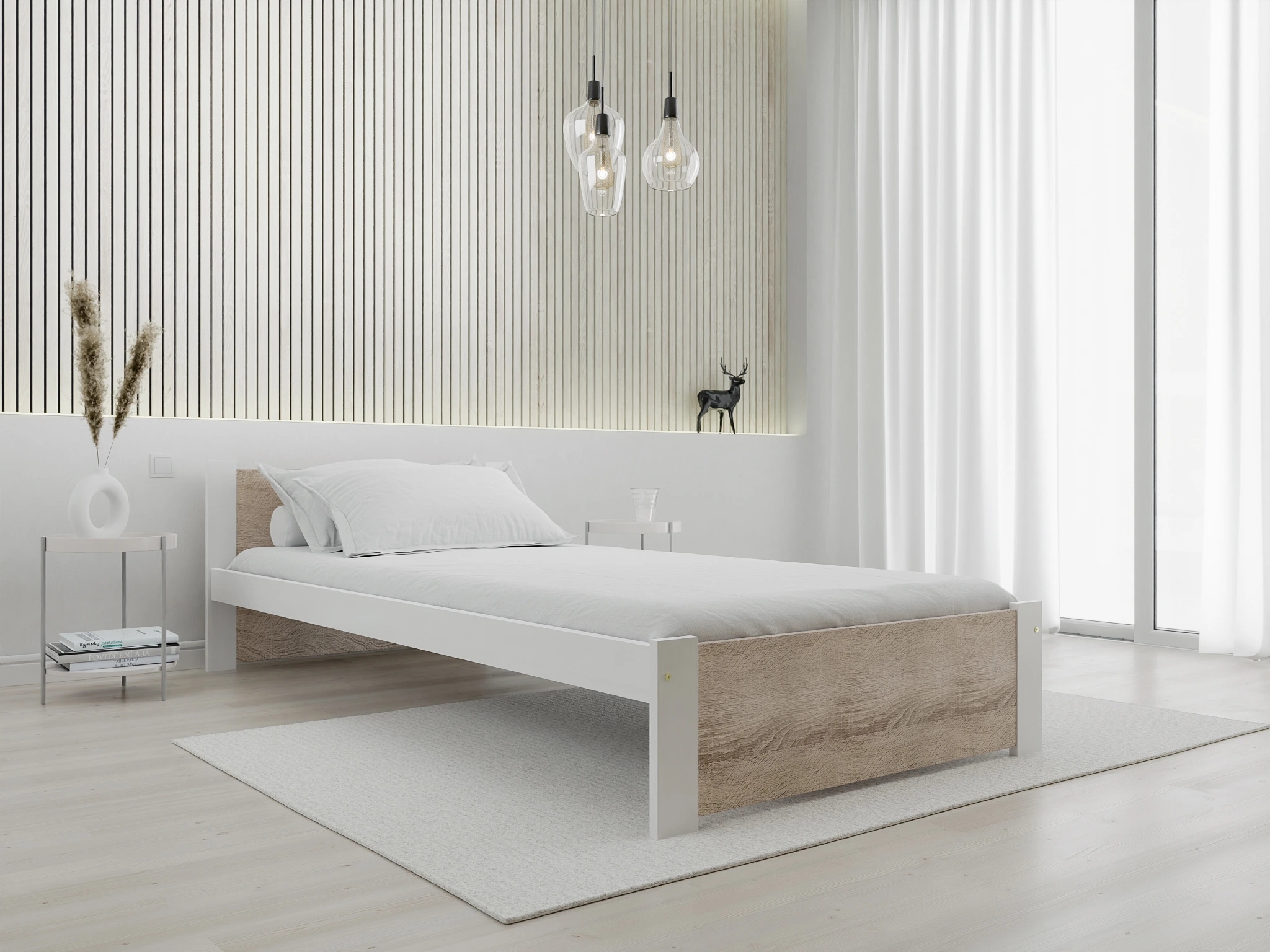 Postel Ikaros 90×200 cm, bílá/dub sonoma latk. rošt, matr. Deluxe 10 cm